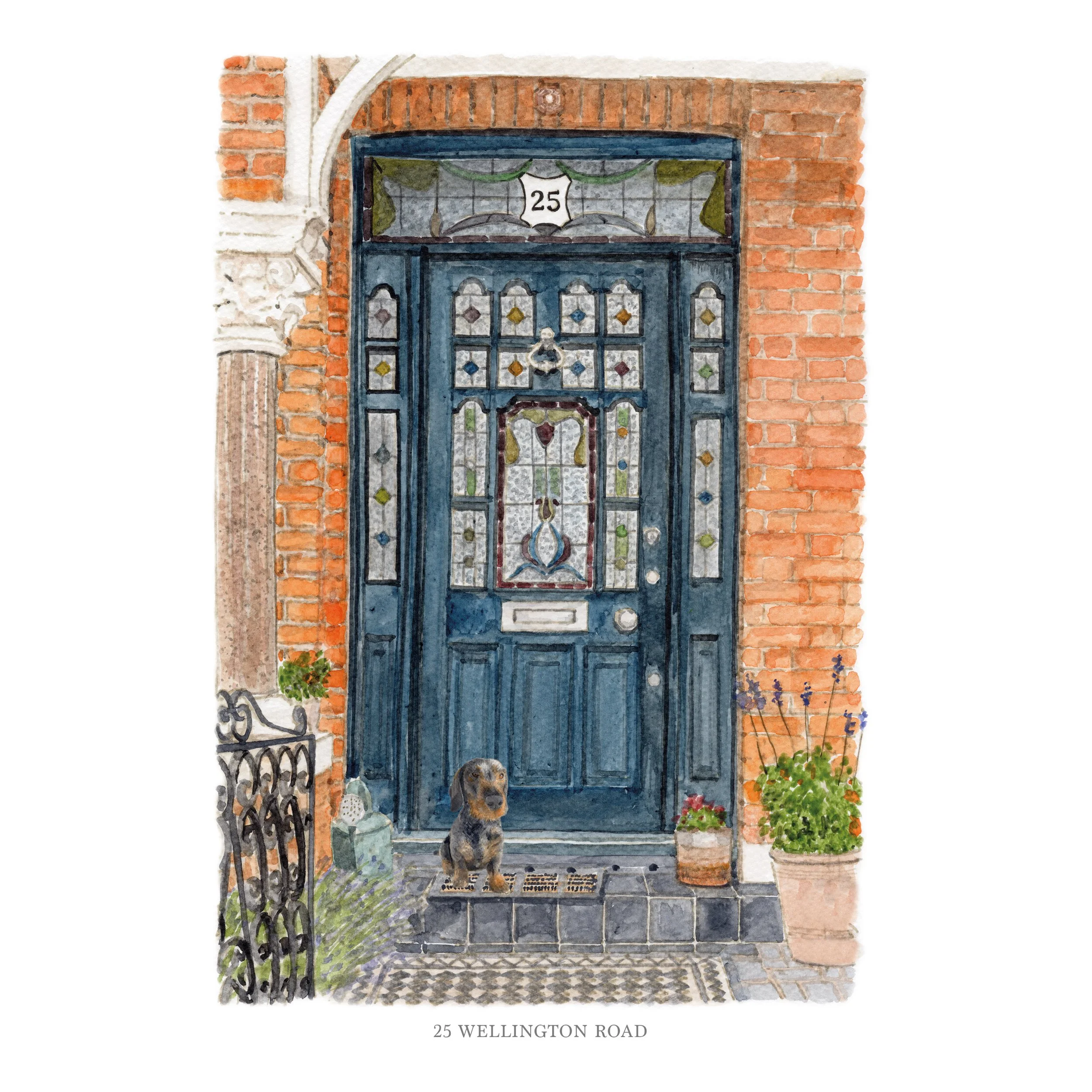 A watercolour front door portrait of a blue front door, tiled pathway and small dog sitting on the doorstep