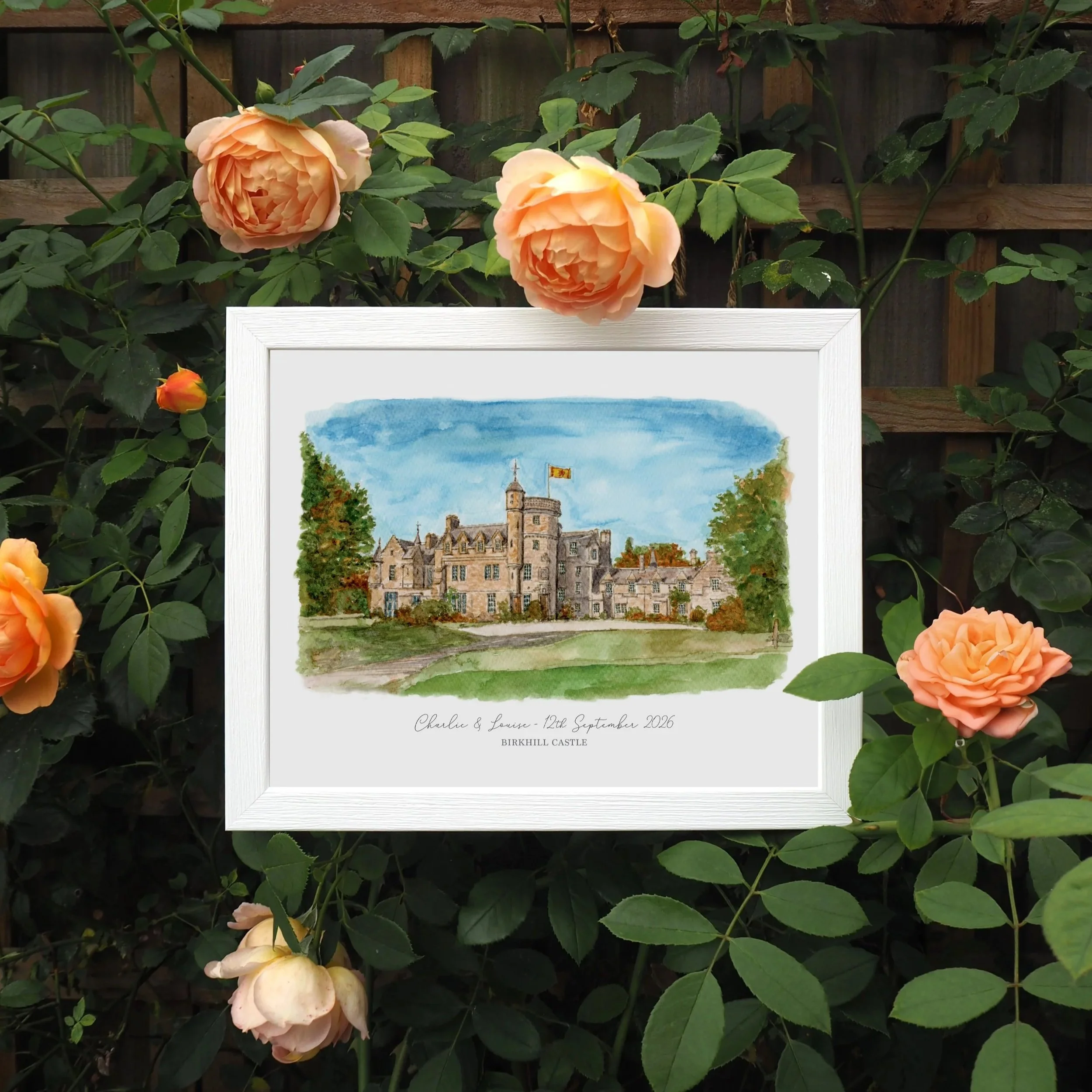 A framed personalised print of a watercolour illustration of wedding venue Birkhill Castle