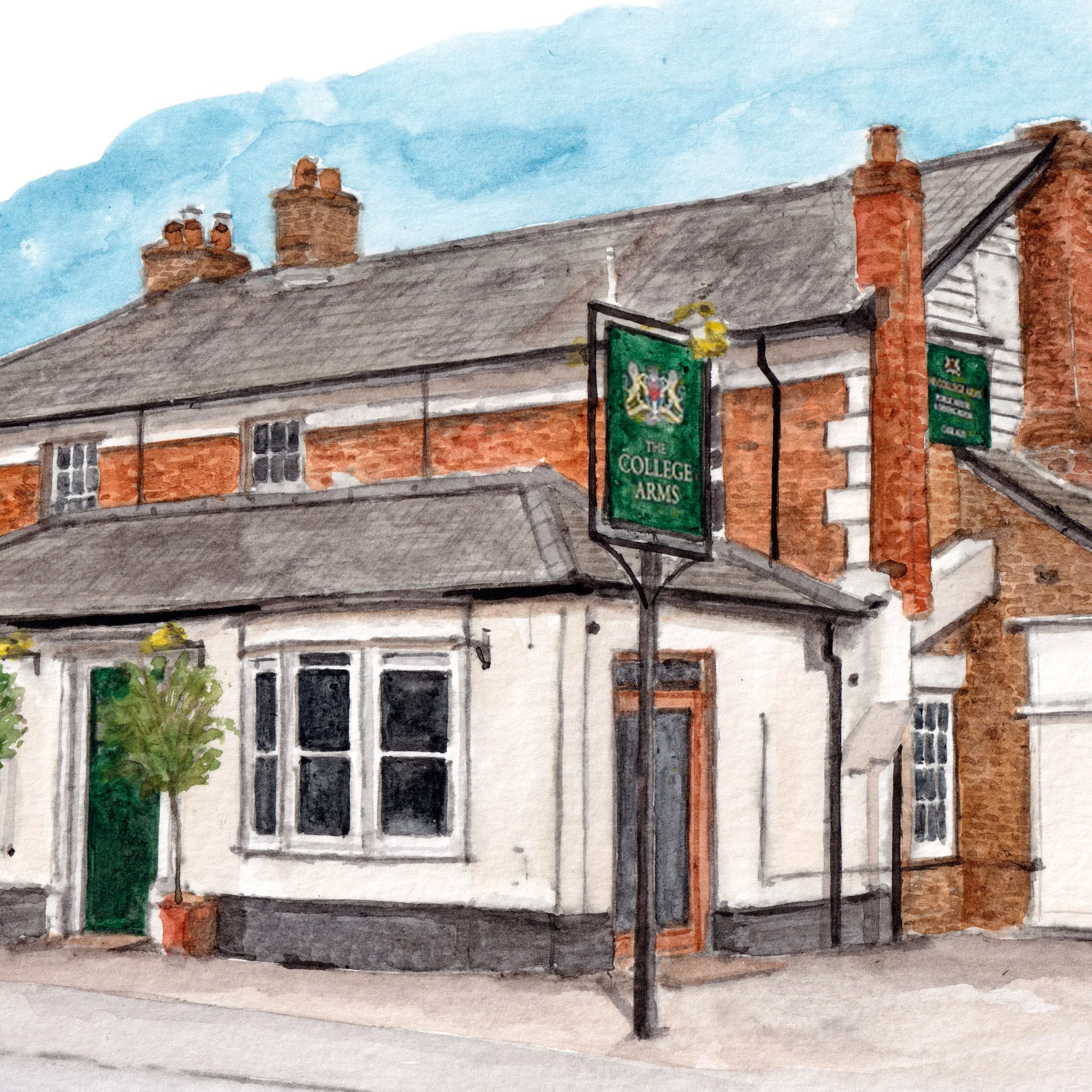 a watercolour illustration of The College Arms pub, Hertford Heath