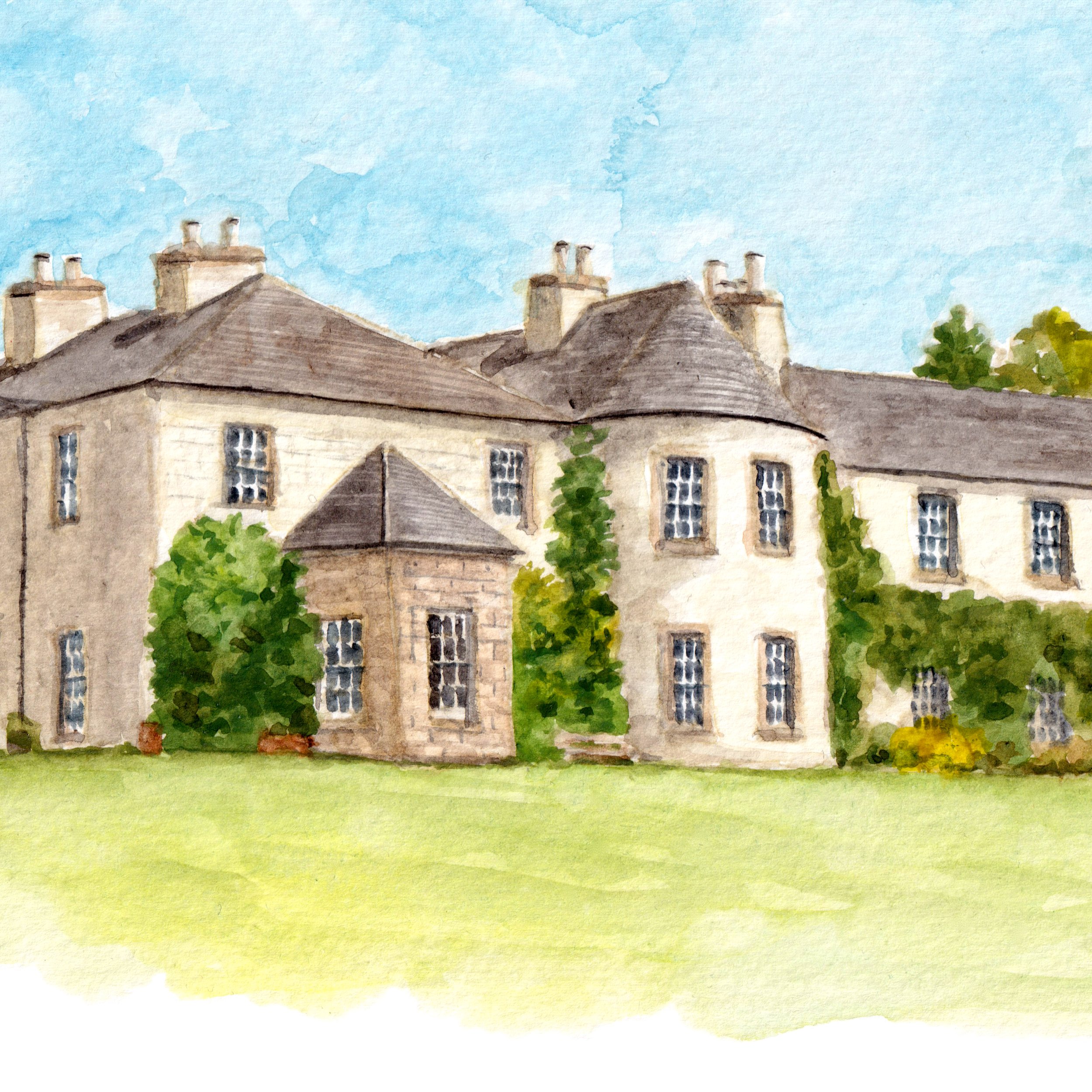a watercolour illustration of wedding venue Logie Country House