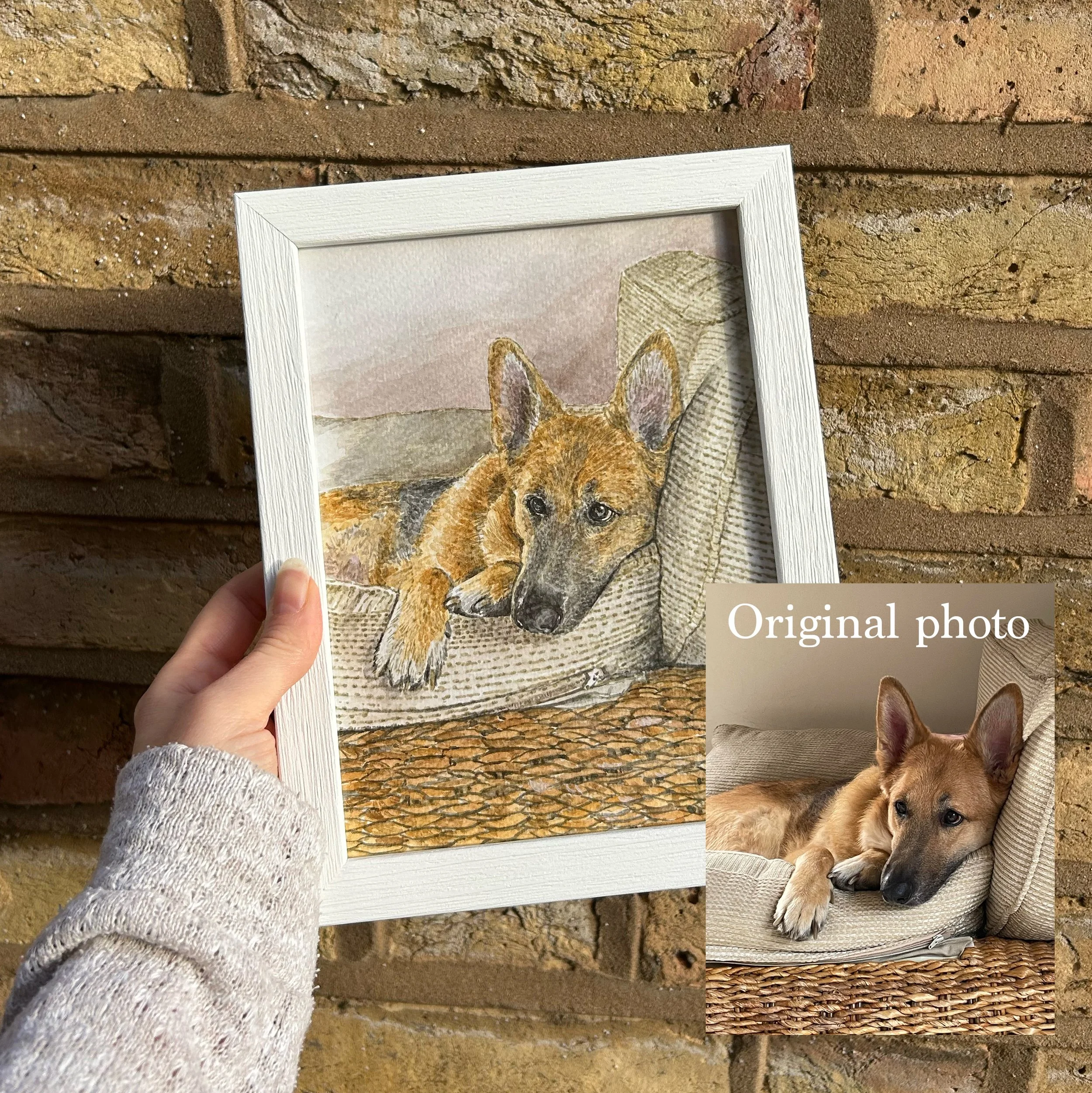 A framed watercolour painting of a German Shepherd dog against a brick wall