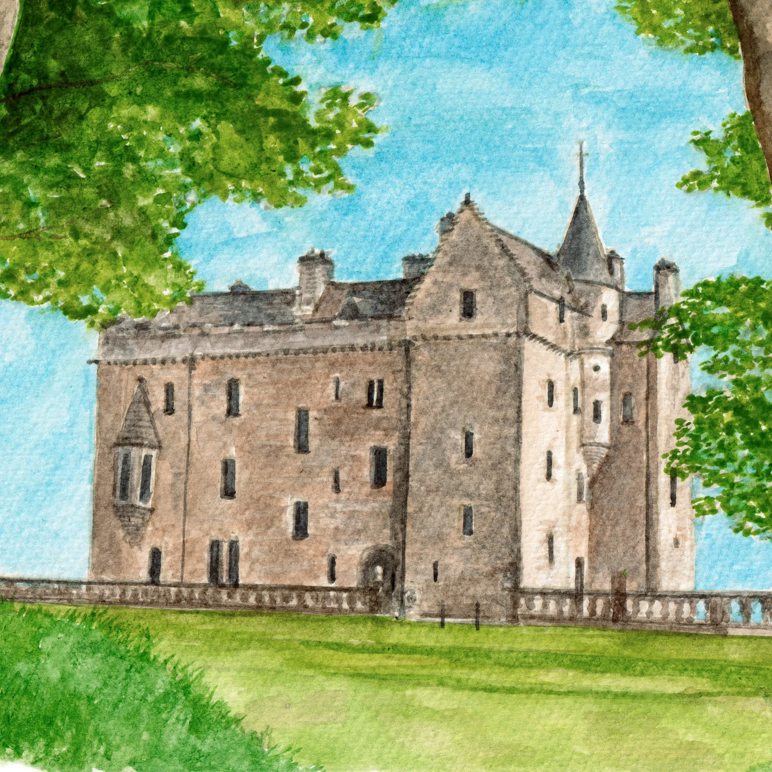 a watercolour painting of wedding venue Barnbougle Castle