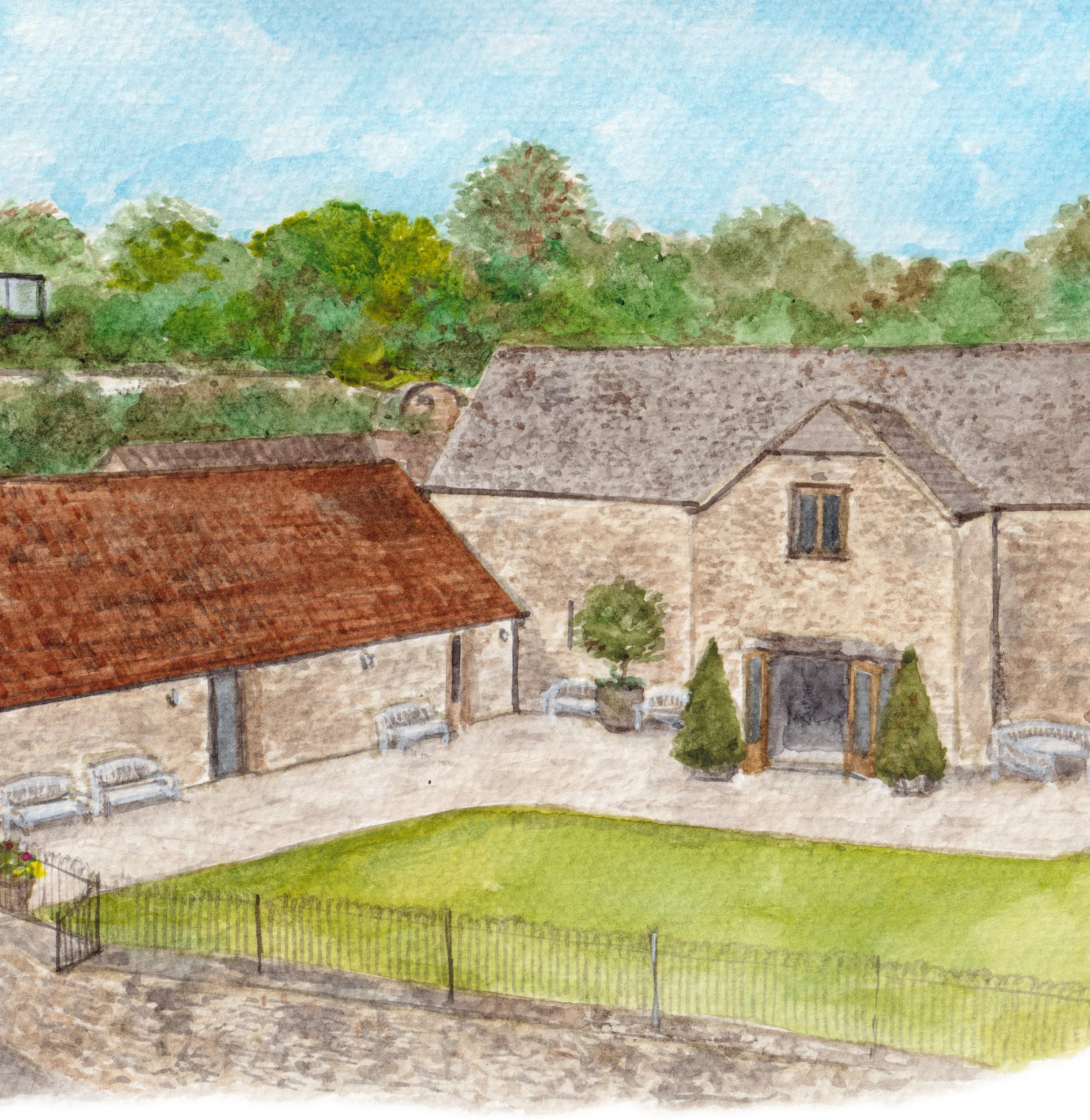a watercolour illustration of wedding venue The Kingscote Barn