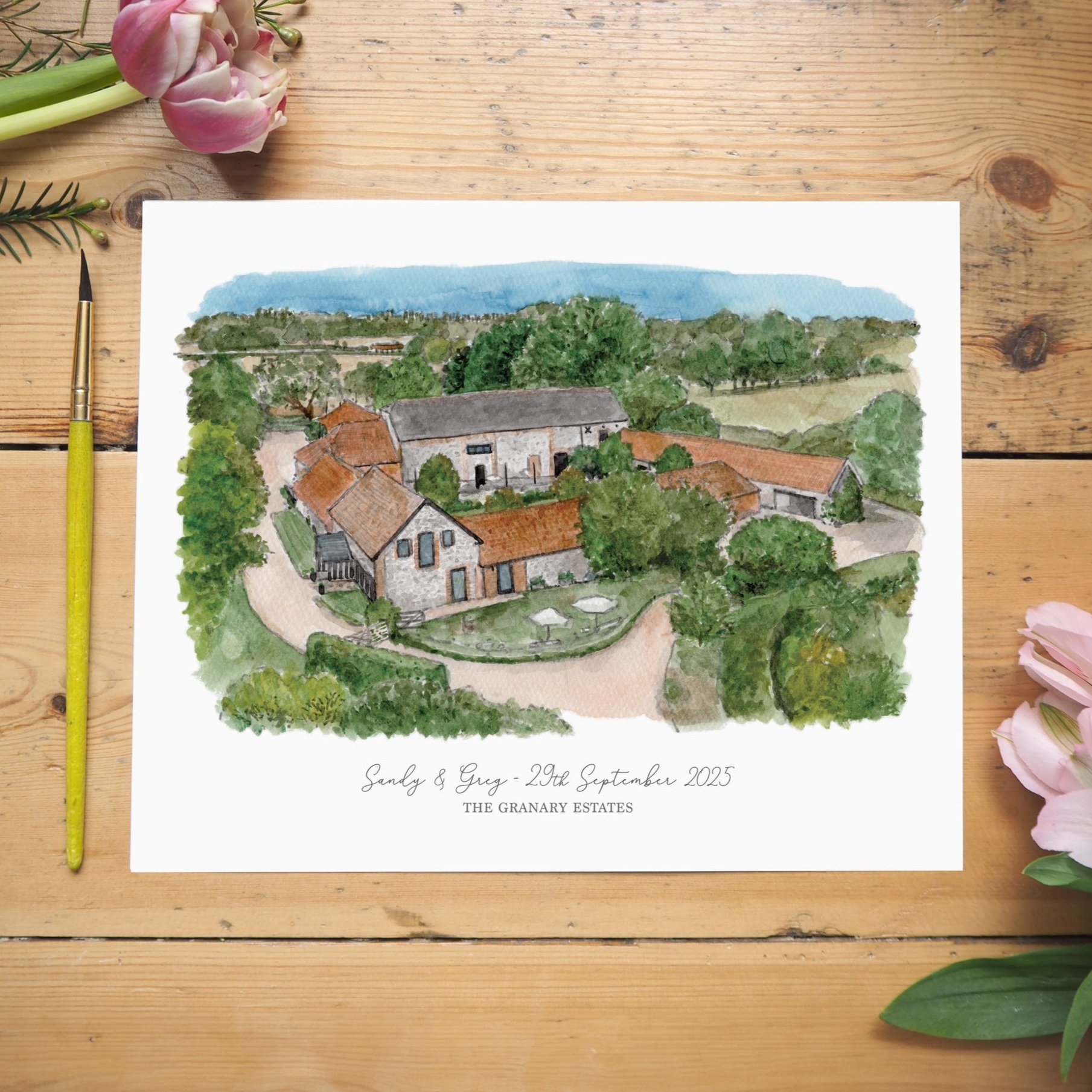 An unframed personalised print of a watercolour painting of wedding venue The Granary Estates