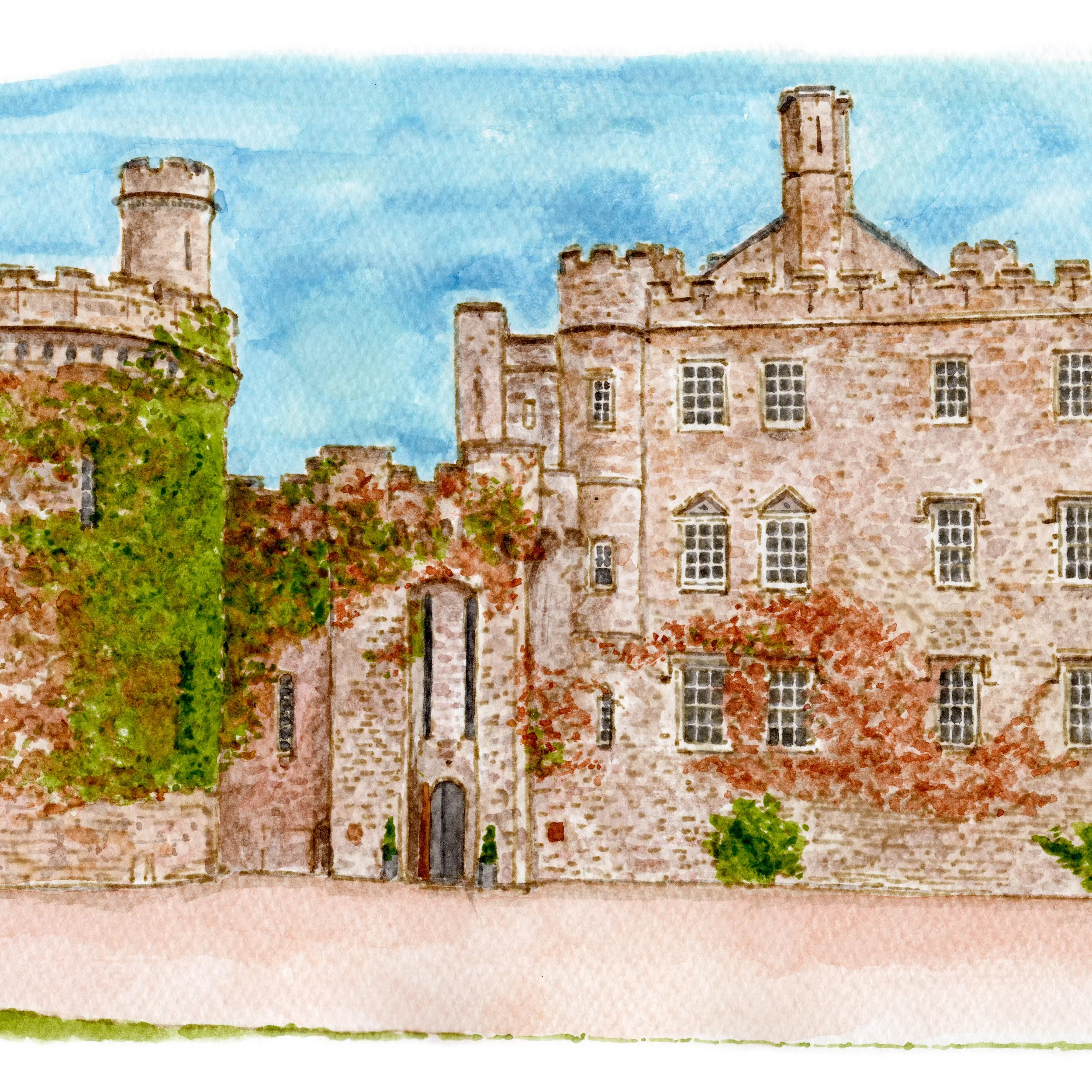 a watercolour illustration of wedding venue Dalhousie Castle