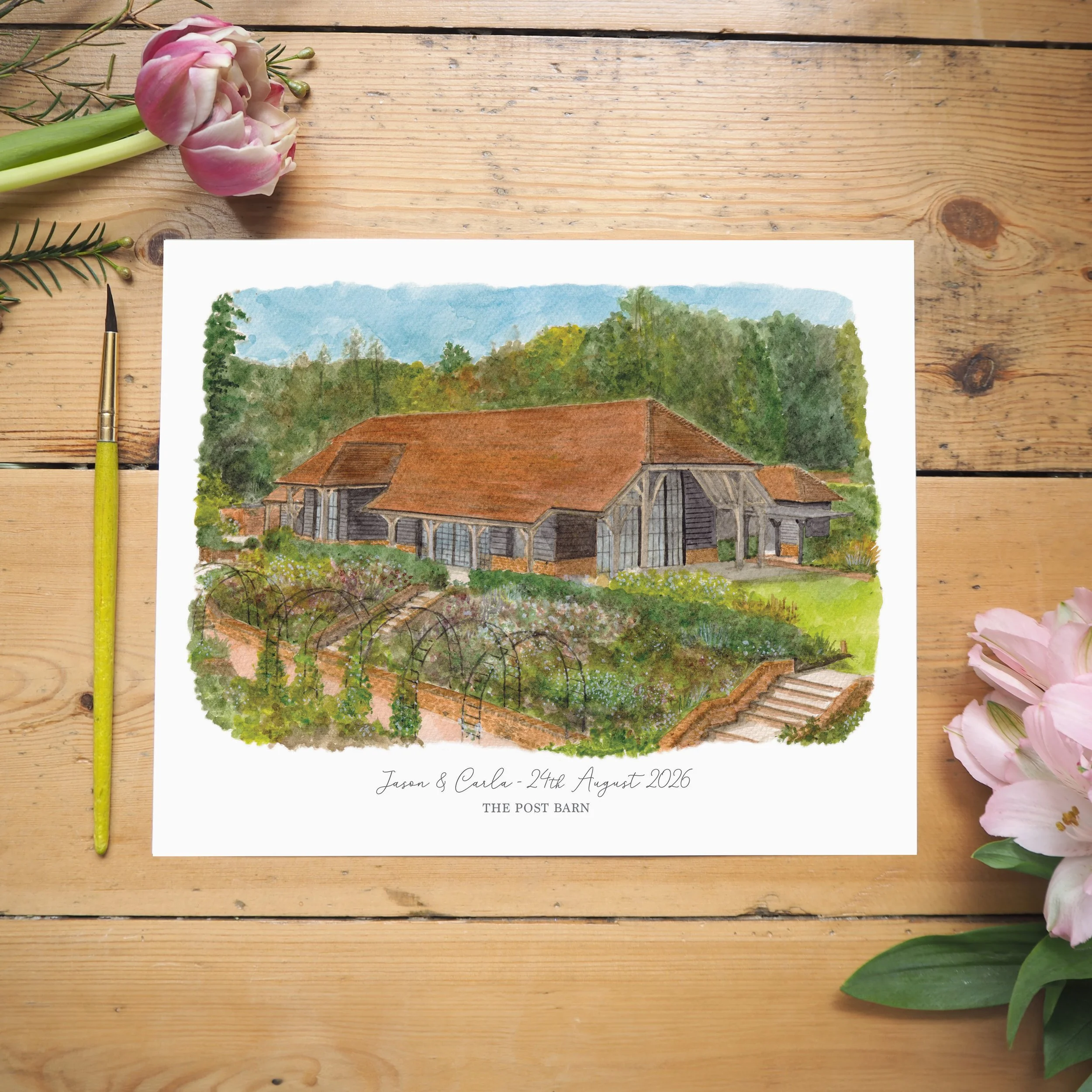 An unframed personalised print of a watercolour painting of wedding venue The Post Barn
