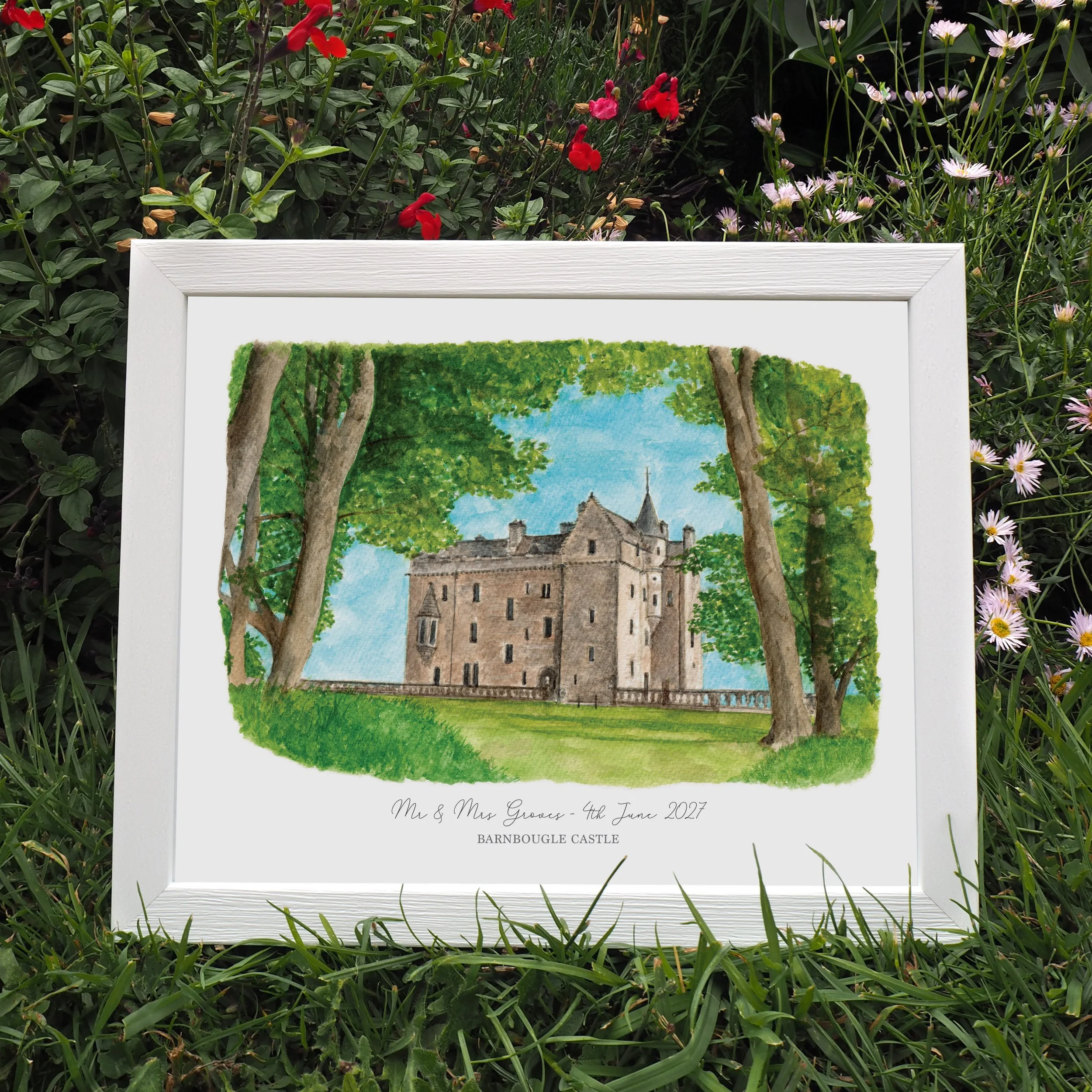 A framed personalised print of a watercolour painting of wedding venue Barnbougle Castle