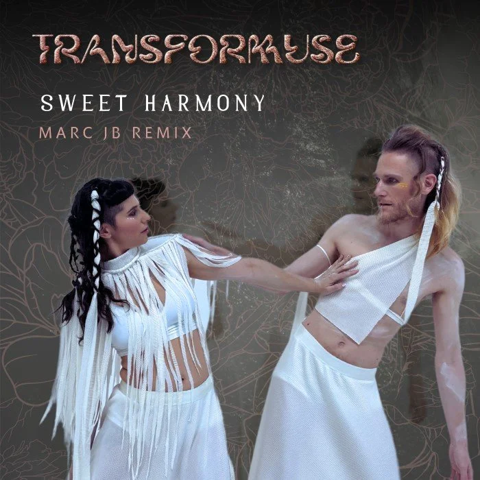 Album cover for 'Sweet Harmony' by Transformer, featuring two people in white clothing with a dark, textured background.