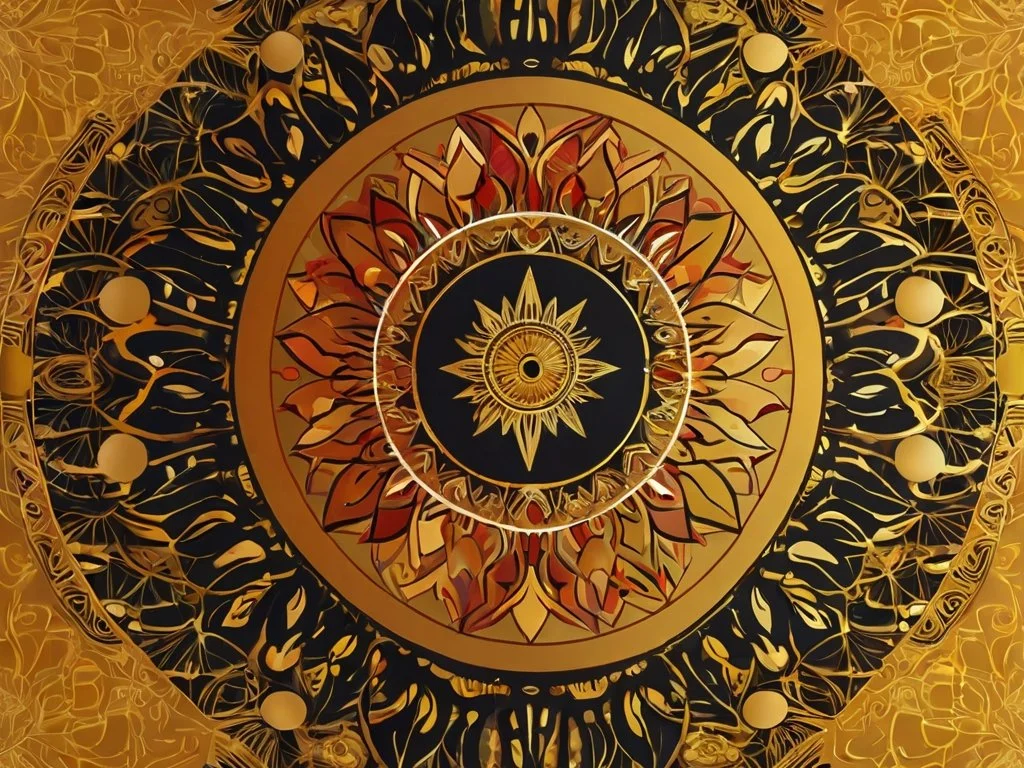 Muse Circle Membership Gold, Ornate circular design with intricate gold and black patterns, featuring a central sun-like symbol surrounded by layered floral and abstract motifs.