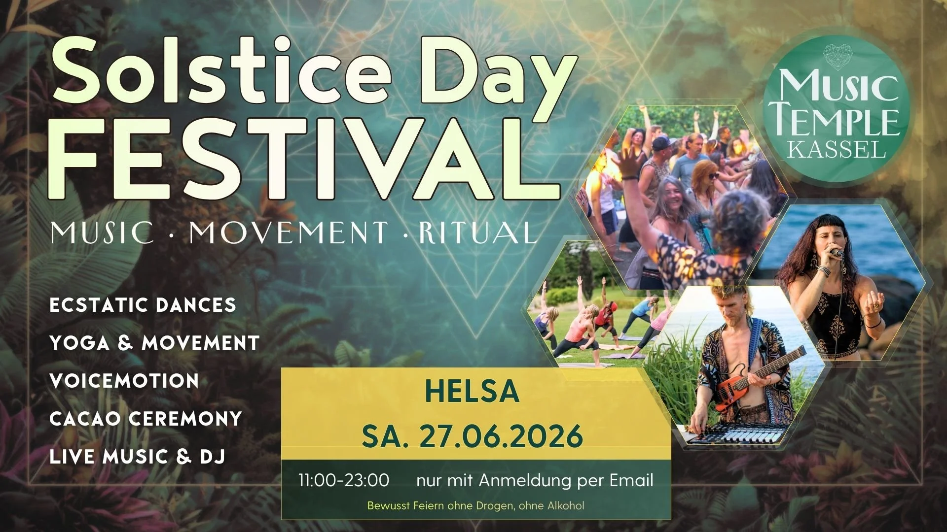 Flyer für das Solstice Day Festival in Kassel am 27. Juni 2026 mit Bildern von Menschen beim Tanzen, Yoga, Live-Musik und DJ, durchsetzt mit Blättern und Naturmotiven.