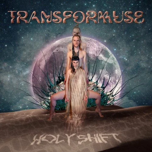 Ayam & ChrisTala standing on a surface with a cosmic background, including a moon and stars, with the artist name 'Transformuse' at the top and the Single's name 'HOLY SHIT' written on the ground.