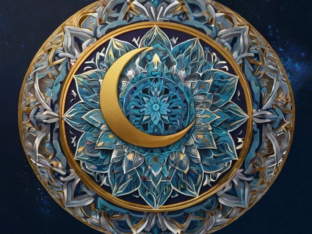 Muse Circle Membership Silver, Ornate decorative wall hanging featuring a golden crescent moon, surrounded by intricate blue, silver, and gold floral patterns with star-like details, set against a dark starry background.