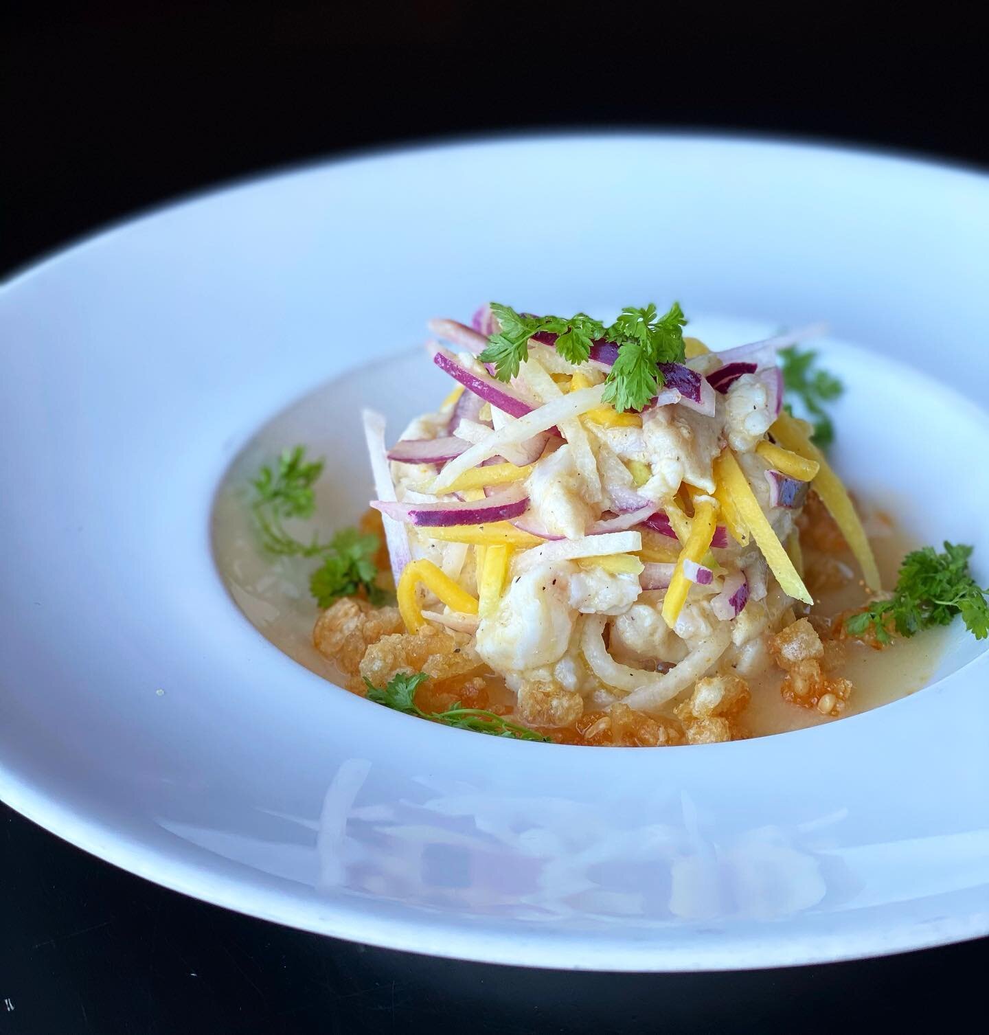 On Special Tonight! Halibut Ceviche, with shaved mango, onion, jicama, and cripsy white corn. And Cornmeal Encrusted Soft Shell Crab with pickled ramps, and lemon aioli. #crab #halibut #special #foodiesofboston #cibomattocaffe #softshellcrab #ceviche