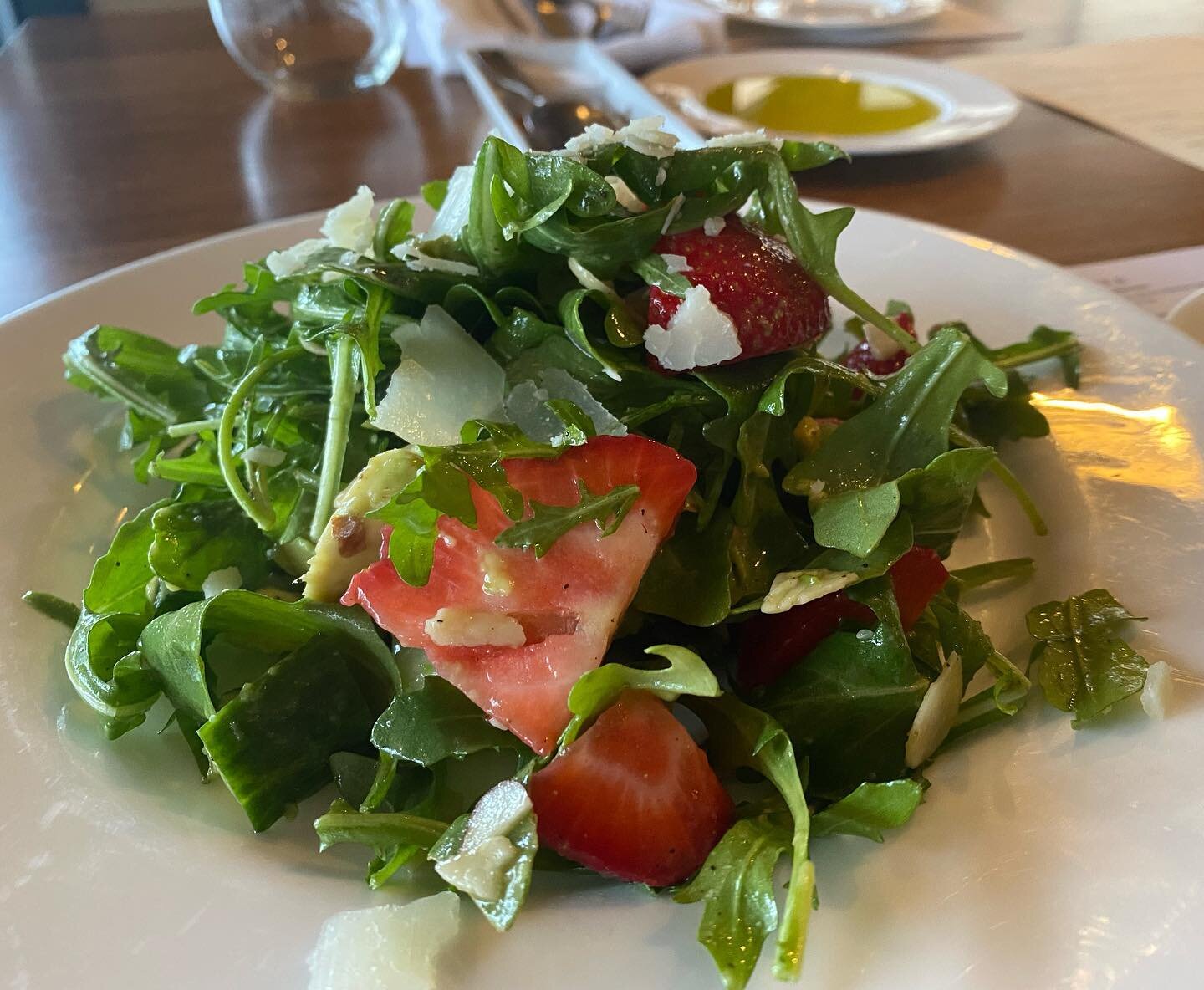 Summer Arugula salad, cucumbers, strawberries, almonds, avocado, shaved parmesan, honey lemon dressing #summer #salad #🍓 #cibomattocaffe #bostonfoodies