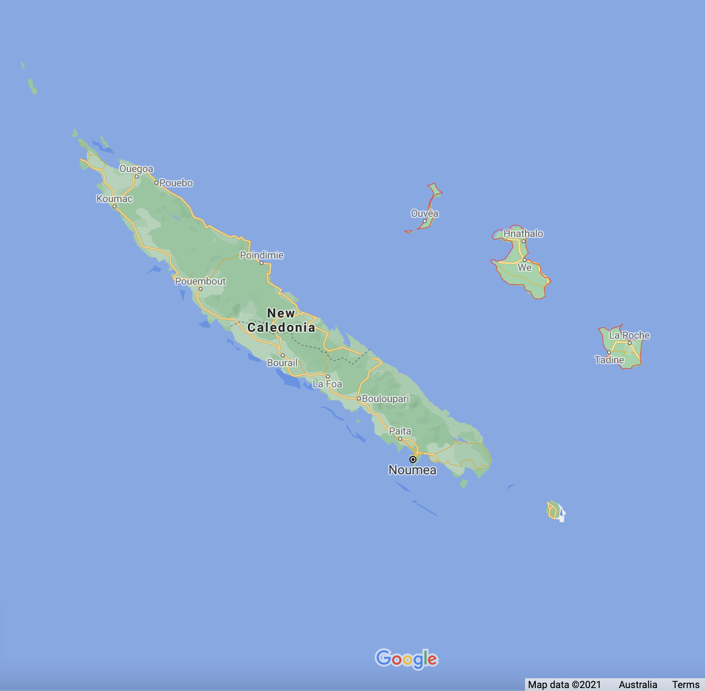 The Loyalty Islands of New Caledonia, situated to the east of Grande Terre (Google Maps)