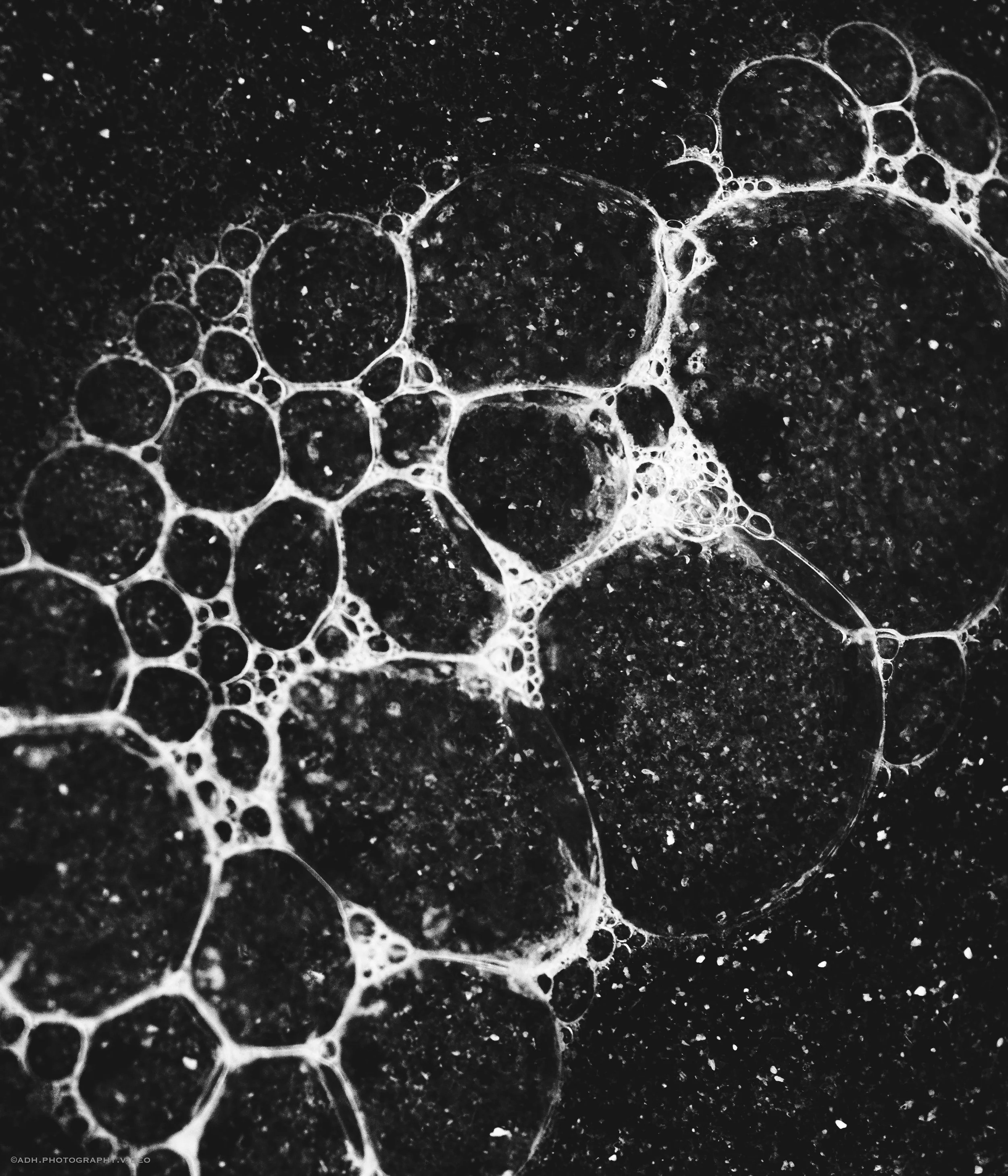 Close-up of soap bubbles on a dark surface, showing various sizes and interconnected bubbles in black and white.