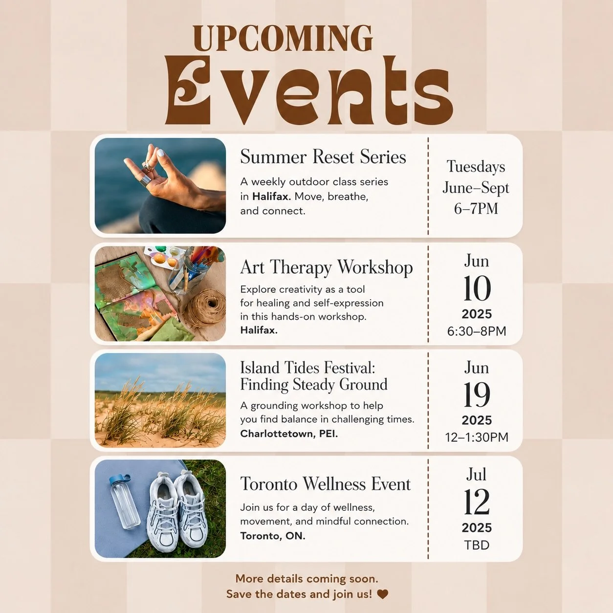 Summer is here ☼ and we&rsquo;re so excited to share what&rsquo;s coming up at Risework Therapy this season.

From outdoor patio classes and creative workshops to grounding wellness events in PEI and Toronto, these offerings were designed to help you