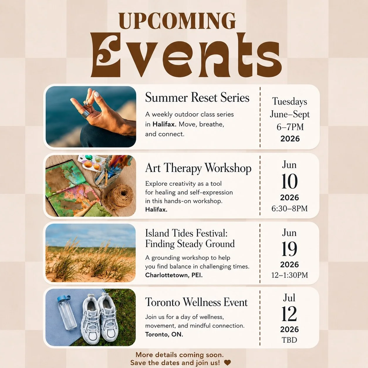 Summer is here ☼ and we&rsquo;re so excited to share what&rsquo;s coming up at Risework Therapy this season.

From outdoor patio classes and creative workshops to grounding wellness events in PEI and Toronto, these offerings were designed to help you