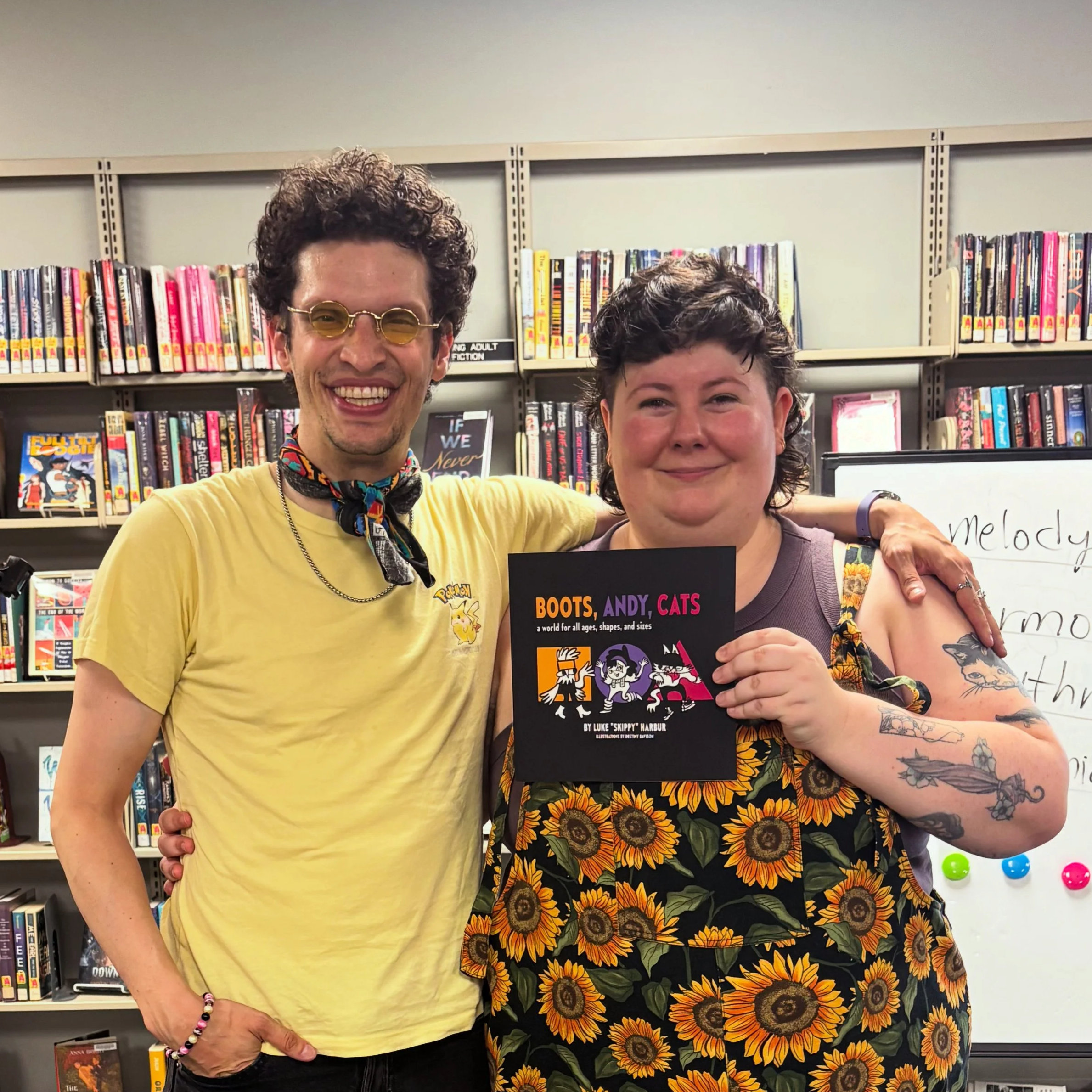 Photo: Skippy with Jasper from Rock Hill Public Library. The library purchased a copy of Skippy’s children’s book “Boots, Andy, Cats: a world for all ages, shapes, and sizes.” (2026)