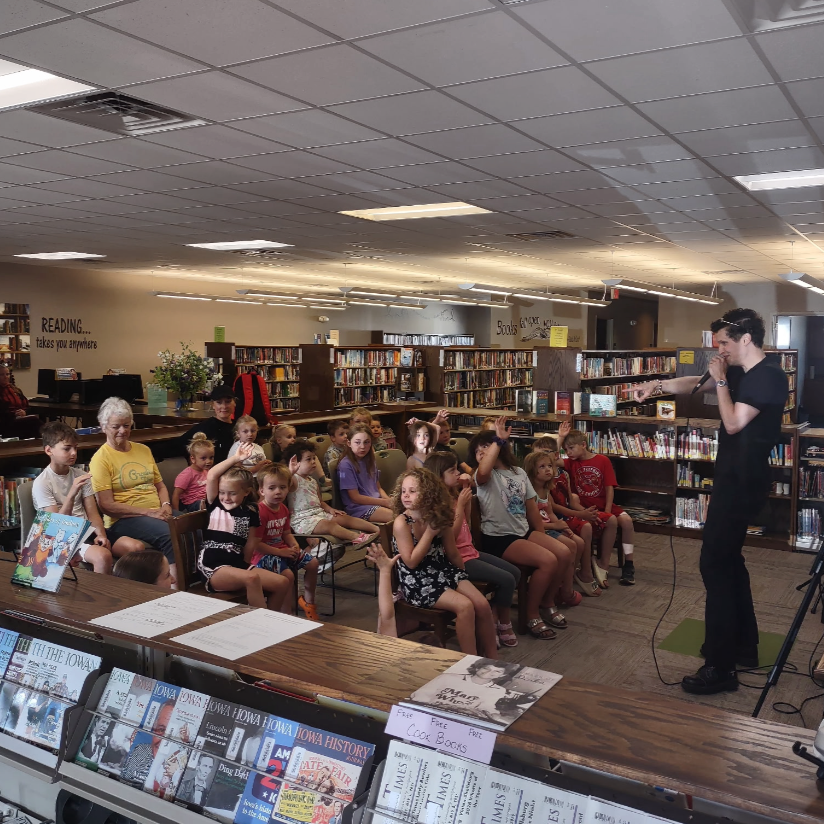 Description: Skippy performs for Van Horne Public Library, a one-room library in Van Horne, Iowa. (2026)