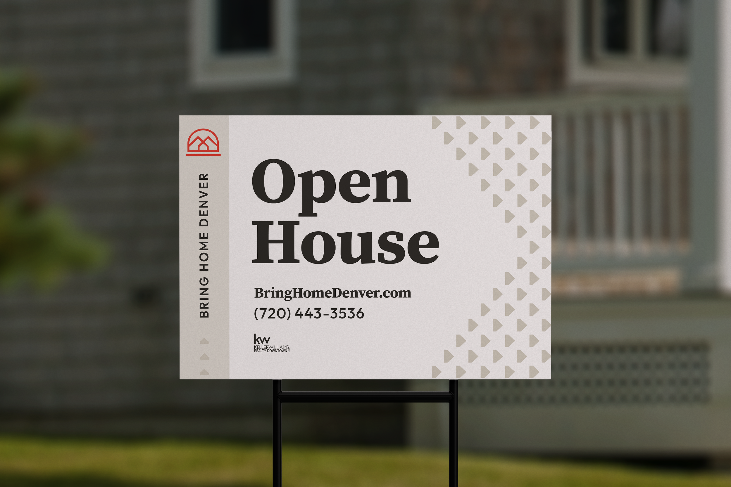 Yard sign advertising an open house for a home in Denver with contact information and website.