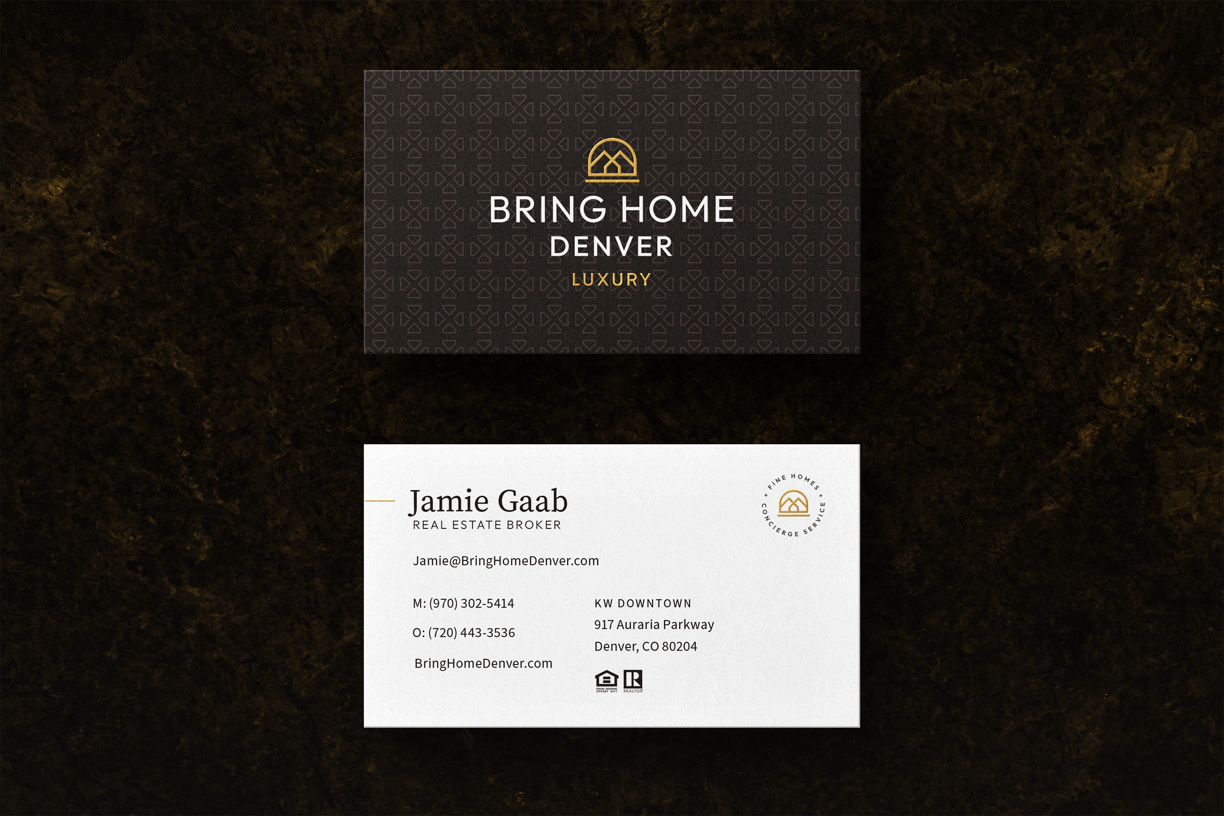 Business card and marketing material for Bring Home Denver, a luxury real estate company. The card features the name Jamie Gaab, a real estate broker, with contact details including email, phone numbers, website, and office address in Denver, Colorado. The design is elegant, with black, white, and gold accents.