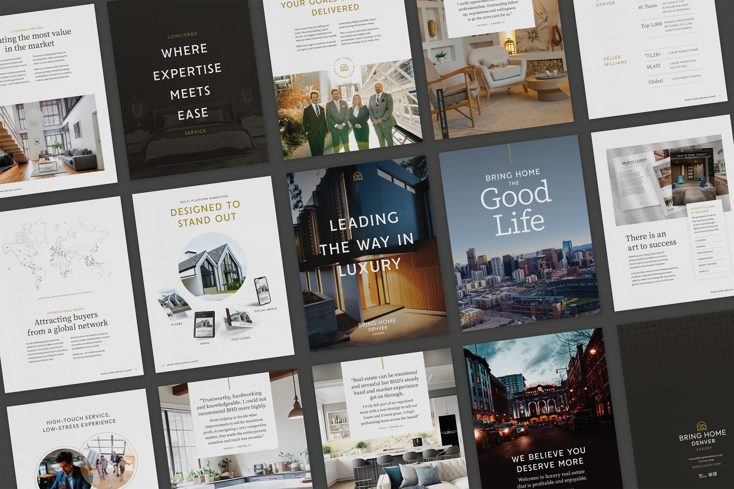 Collage of real estate and luxury lifestyle marketing materials, including property interiors, cityscape, maps, client testimonials, and promotional graphics.