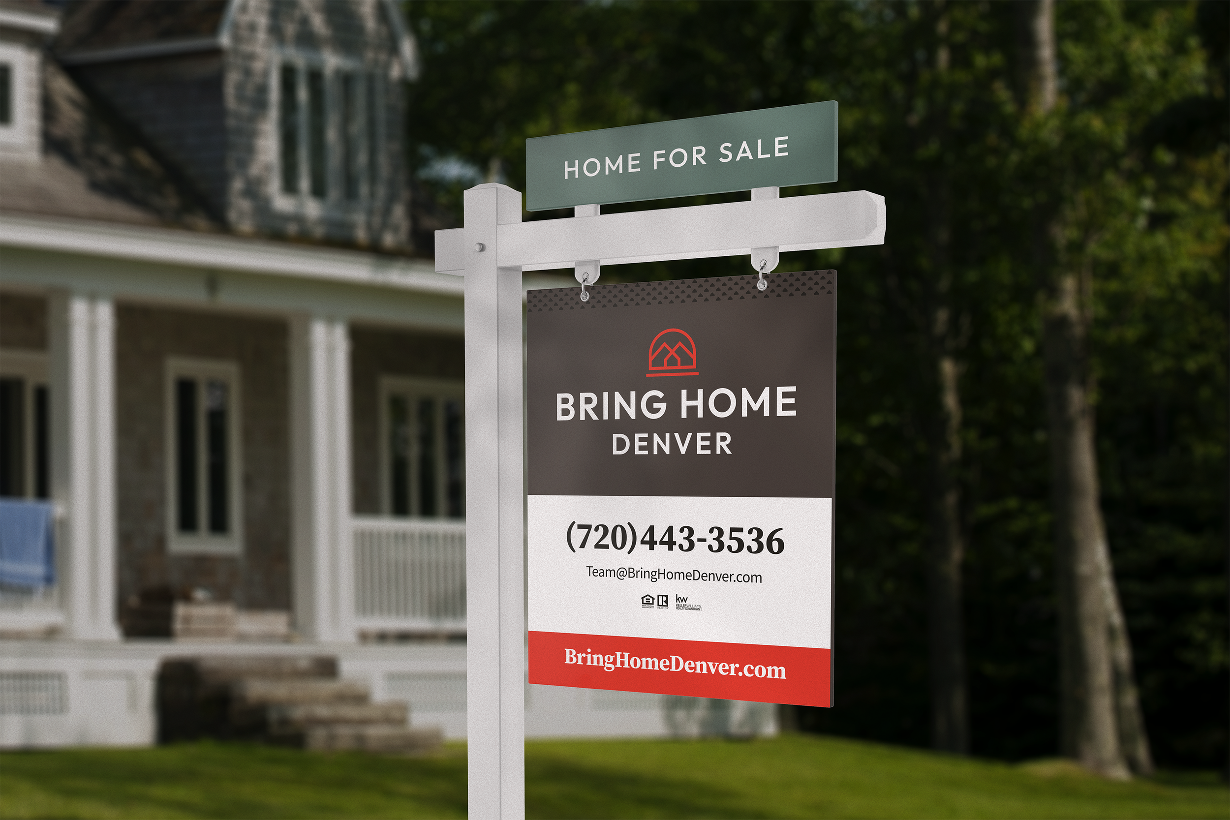 A real estate sign in front of a house with a lawn and trees in the background, advertising a home for sale in Denver, with contact information and website.