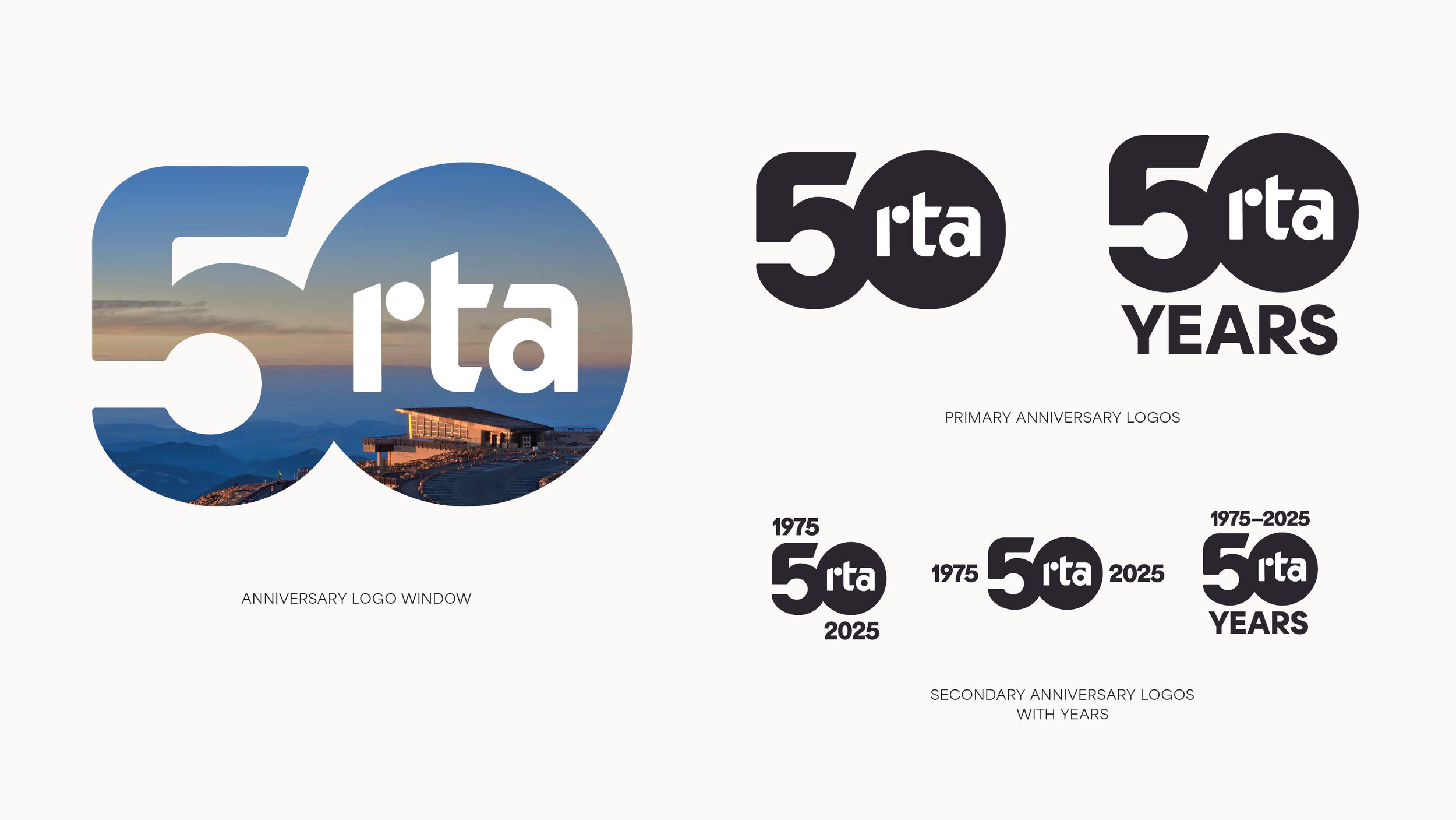 Graphic showing various anniversary logos for a 50-year celebration, including a primary logo with a scenic background inside the number 50, and several secondary logos with the years 1975 and 2025, and the text "50 years."