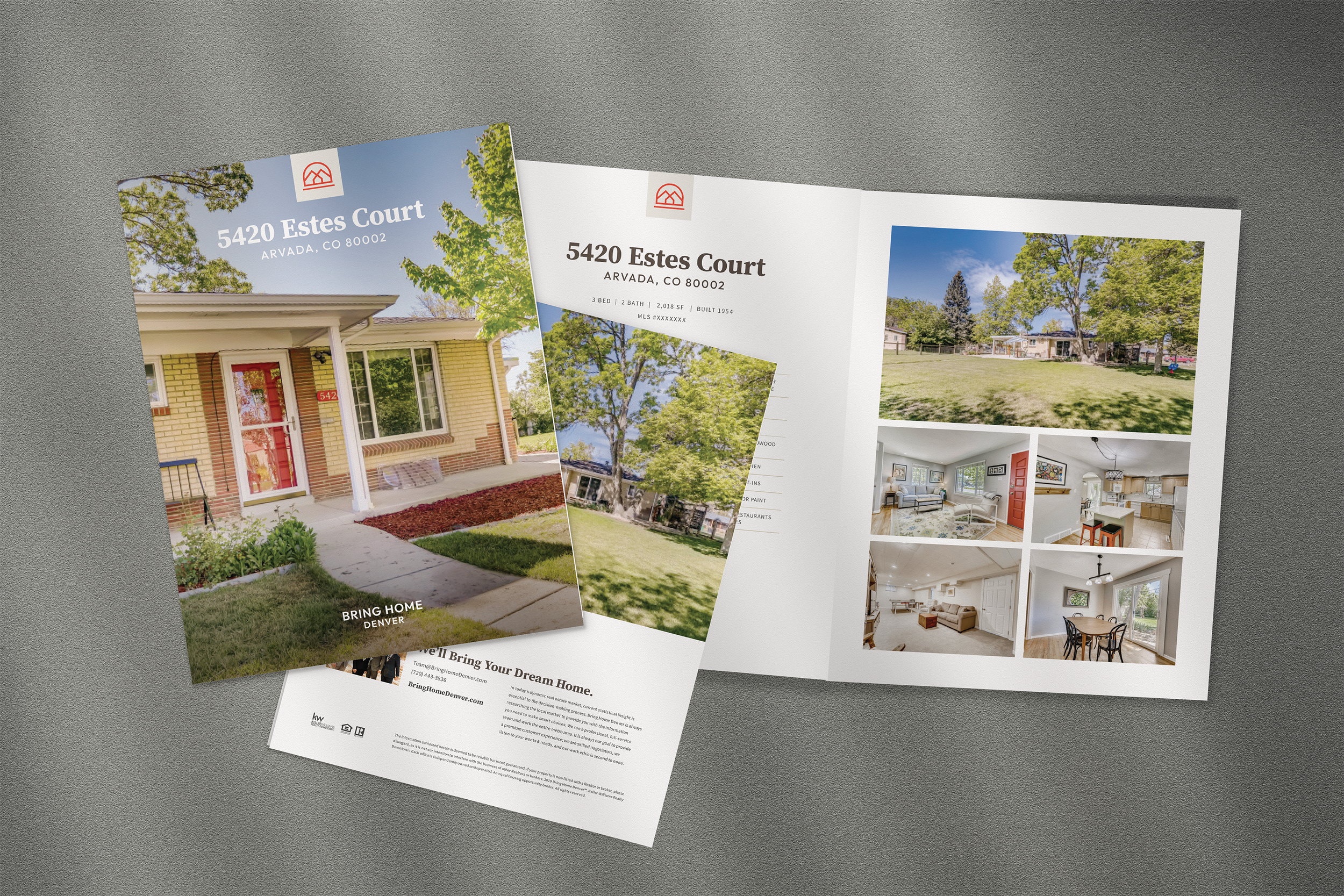 Real estate flyers for a house at 5420 Estes Court, Arvada, Colorado, showing an exterior photo of the house, other photos of the interior and yard, and details about the property.