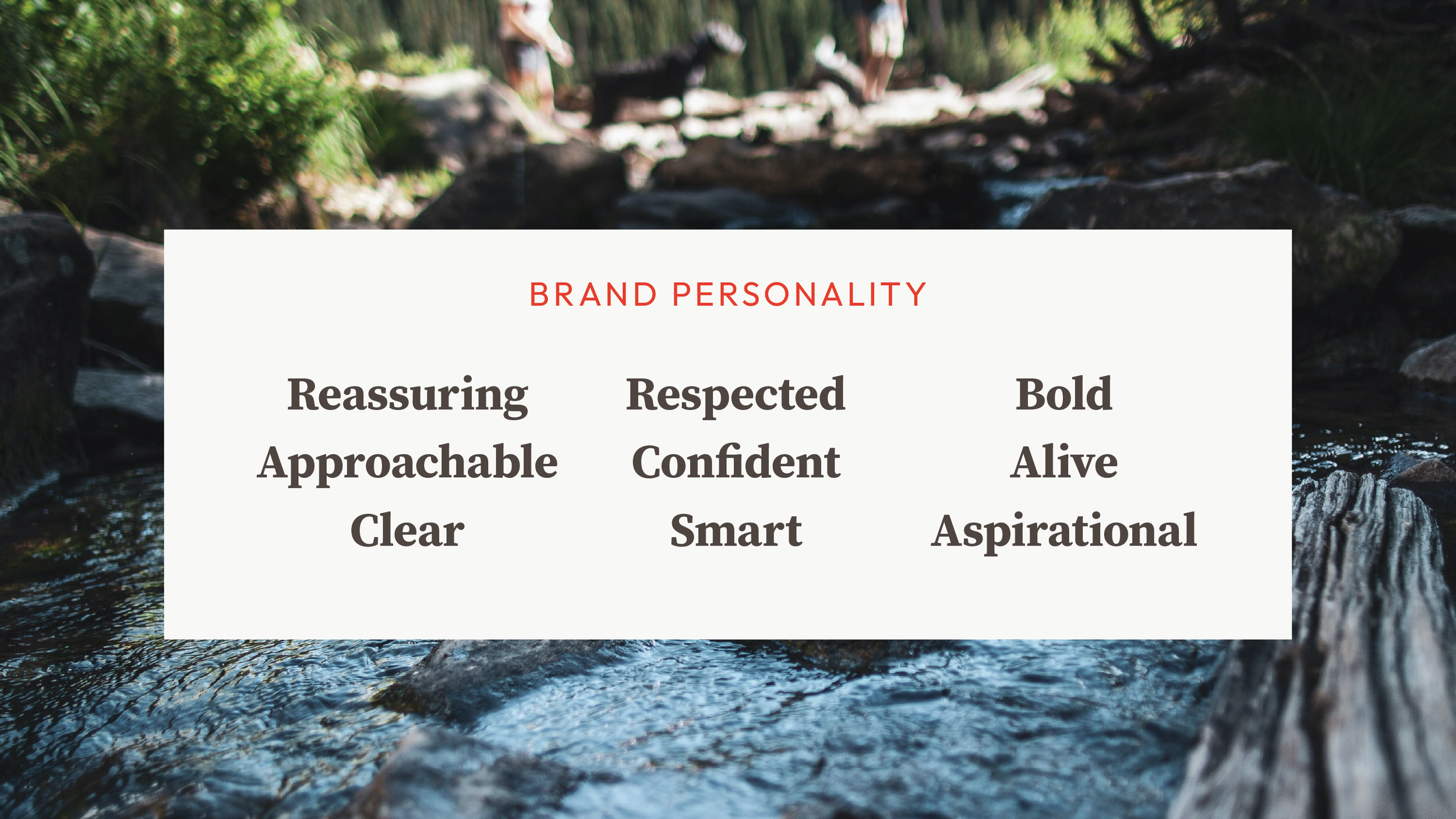 A graphic overlay with the words 'Brand Personality' and descriptors such as Reassuring, Approachable, Clear, Respected, Confident, Smart, Bold, Alive, Aspirational on a background of a flowing creek surrounded by rocks and greenery.