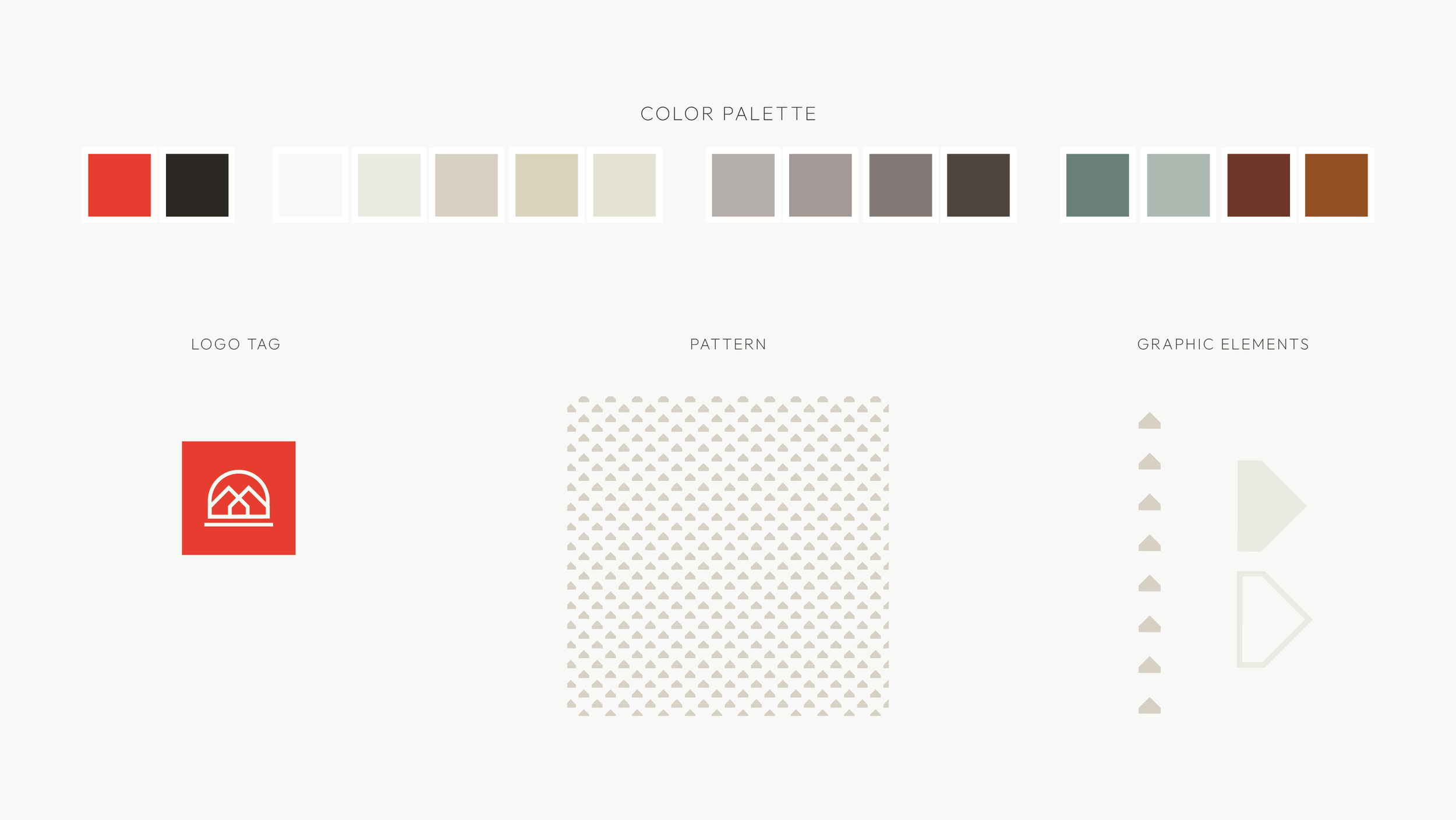 Design template featuring a color palette, logo tag, pattern, and graphic elements on a light background.