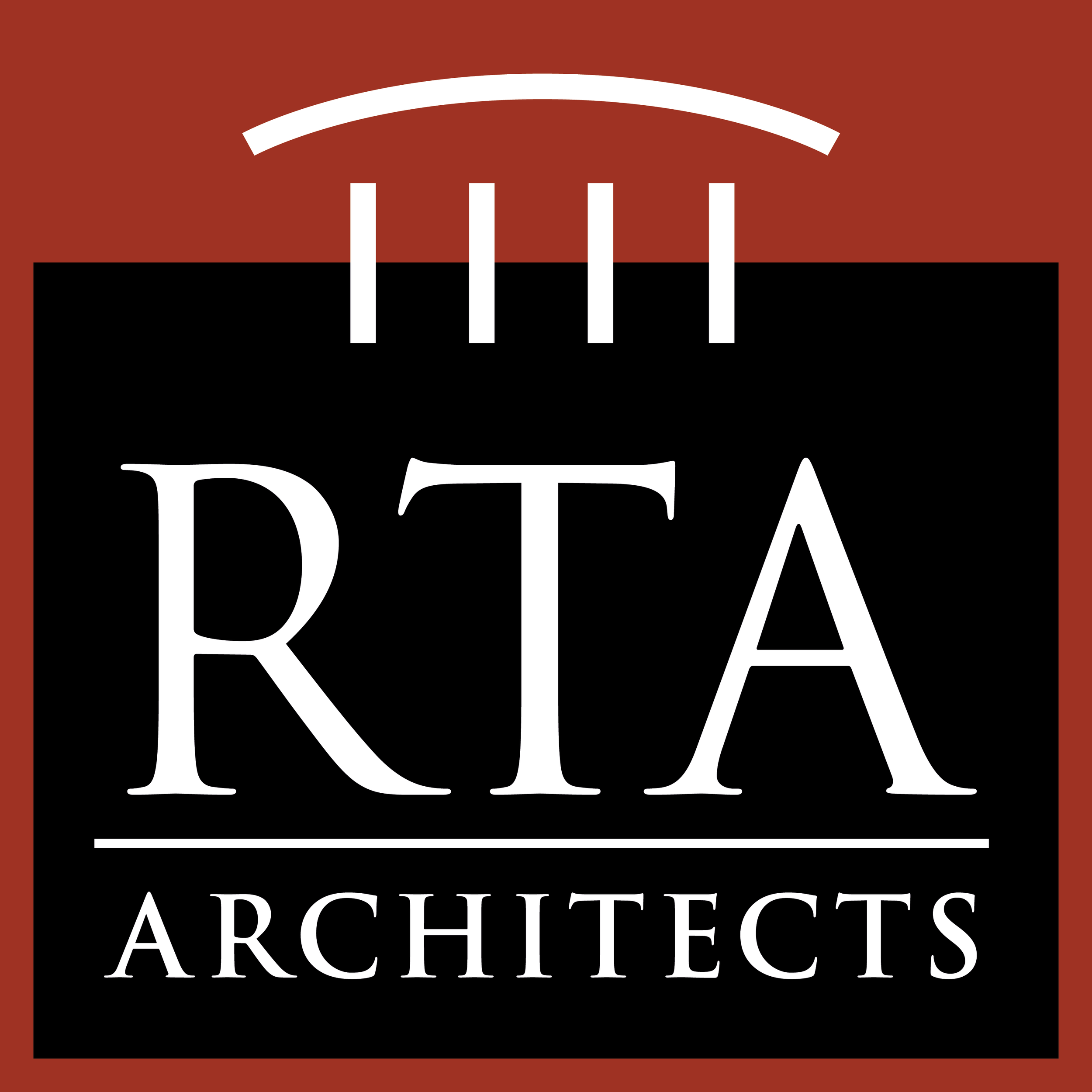 Logo for RTA Architects featuring a stylized building design with the company name and profession.