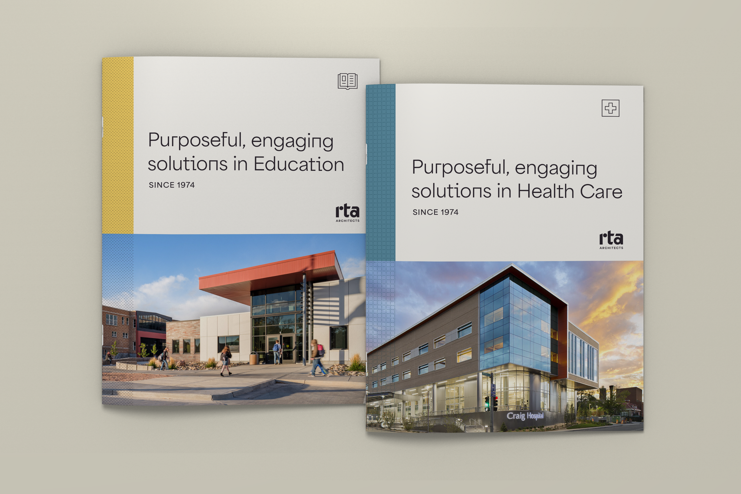 Two architecture brochures, one for education buildings with an image of a school entrance, and one for healthcare buildings with an image of Craig Hospital, showcasing modern structures at sunset.