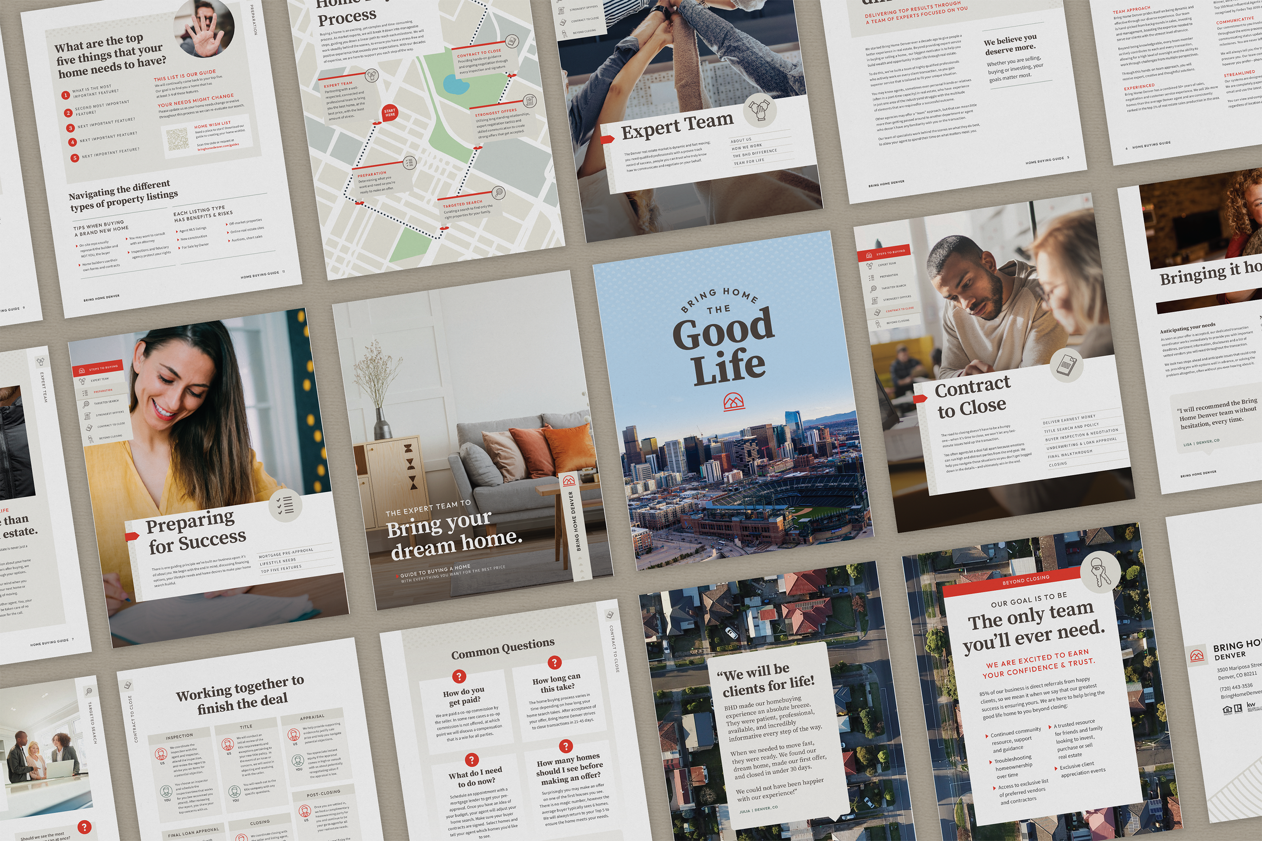 A collection of real estate and home buying informational brochures and marketing materials laid out on a table, featuring images of homes, cityscapes, and people.