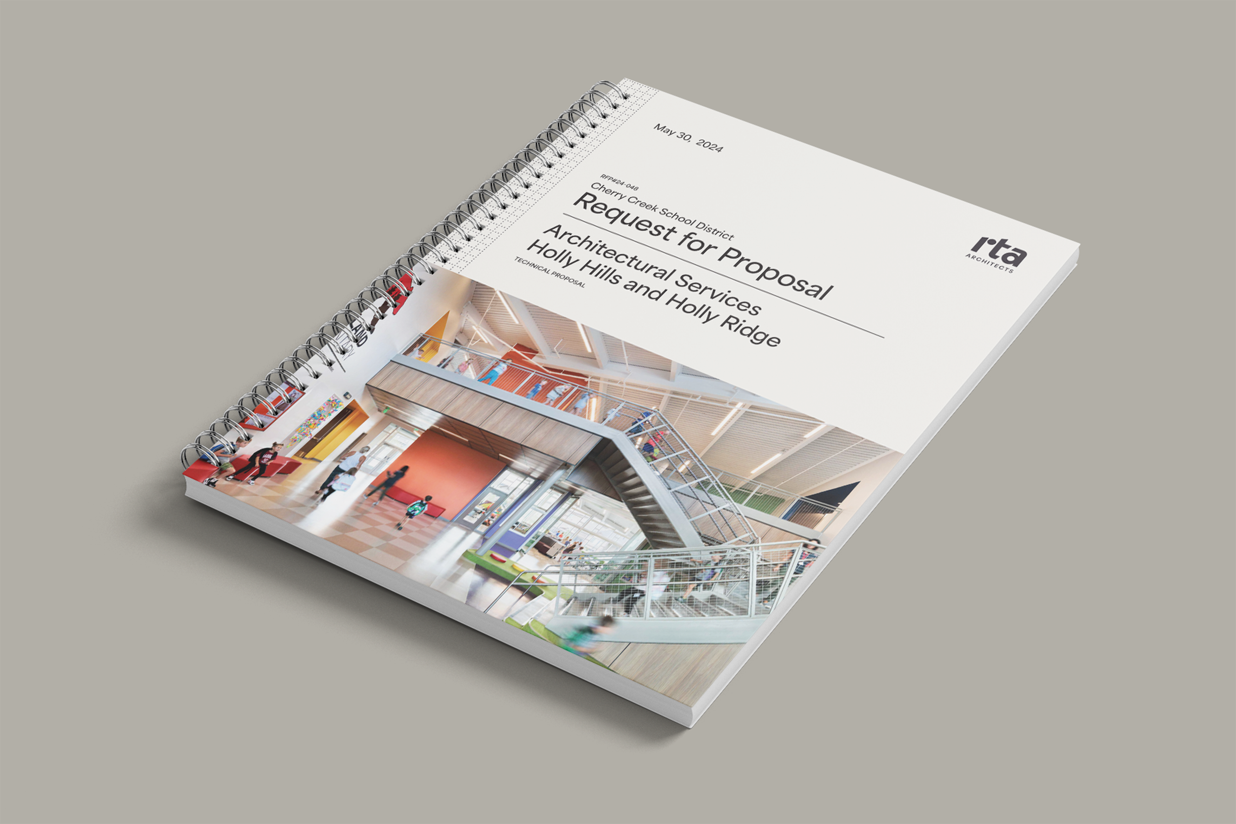 Spiral-bound proposal booklet with a cover page showing an architectural interior design of a school lobby area, featuring stairs, glass railings, and open space, labeled "Request for Proposal" for Cherry Creek School District's architectural services, dated May 30, 2024.