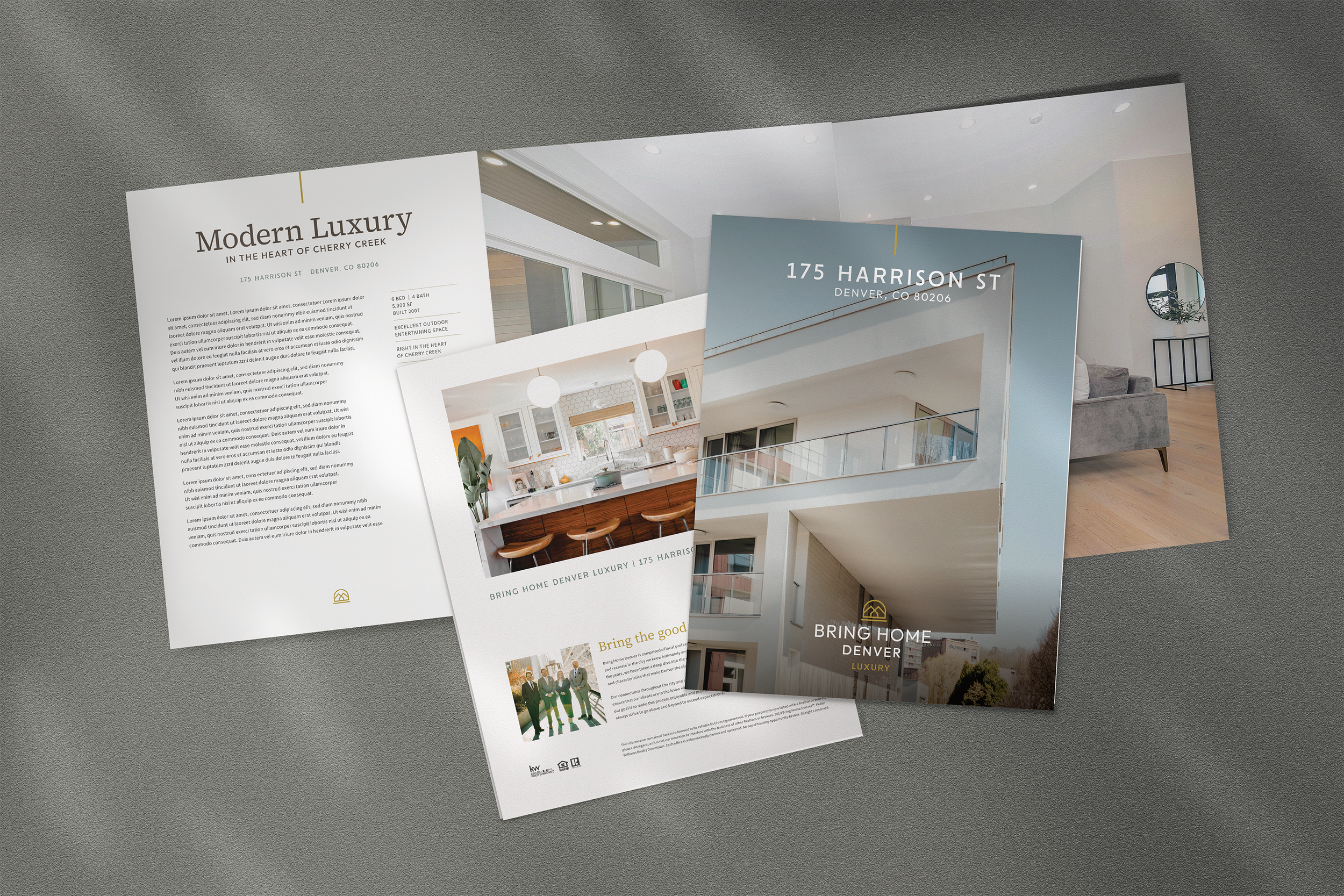 Brochures for luxury homes, showcasing interior and exterior photos of modern properties, with one wall featuring a sleek, open-concept kitchen and another displaying a view of an outdoor balcony.
