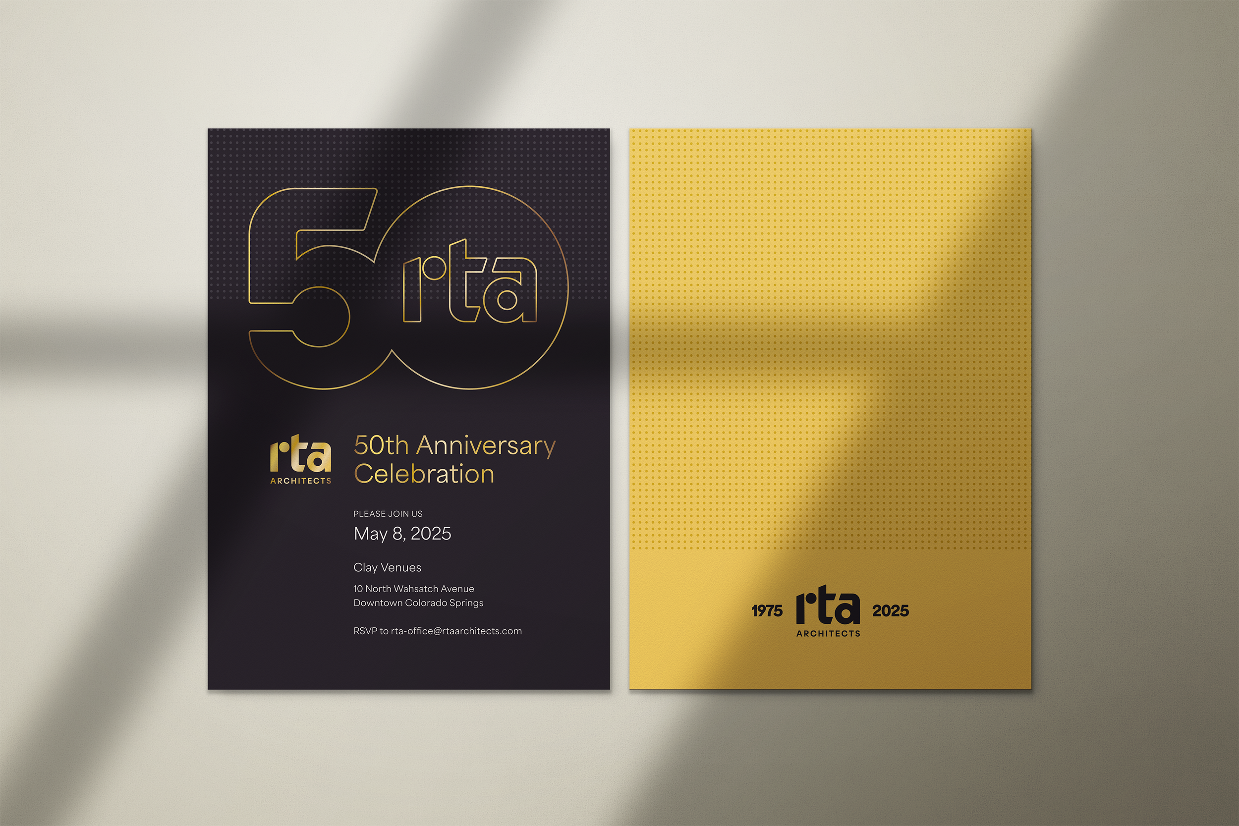 Invitation for the 50th anniversary celebration of RTA Architects, featuring black and gold colors and event details.