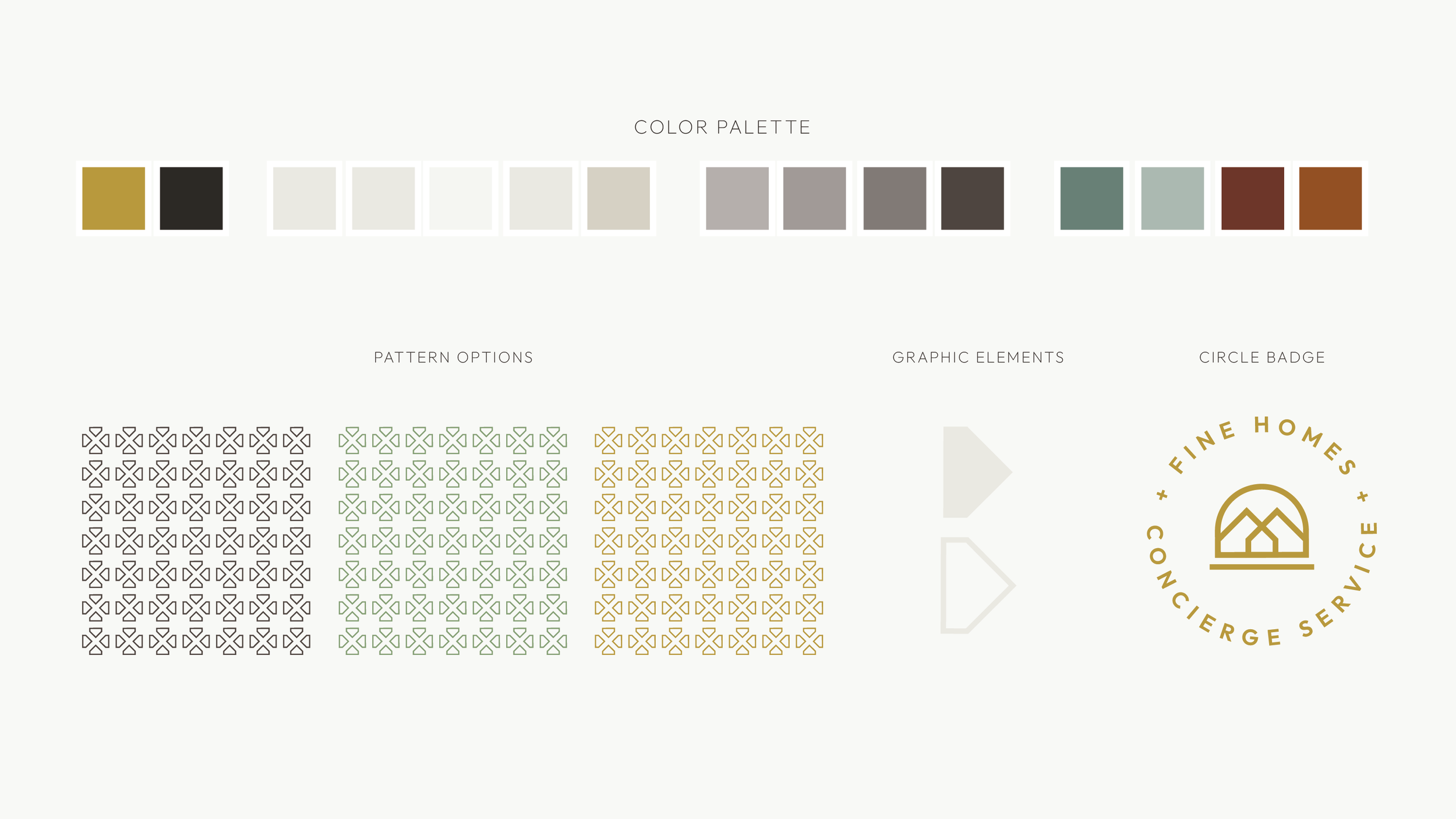 A design style guide for a company, showing a color palette with earth tones, pattern options with geometric motifs in black, green, and yellow, graphic elements as minimal shapes, and a circular badge with the text 'FINE HOMES + CONCIERGE SERVICE' around a mountain logo.