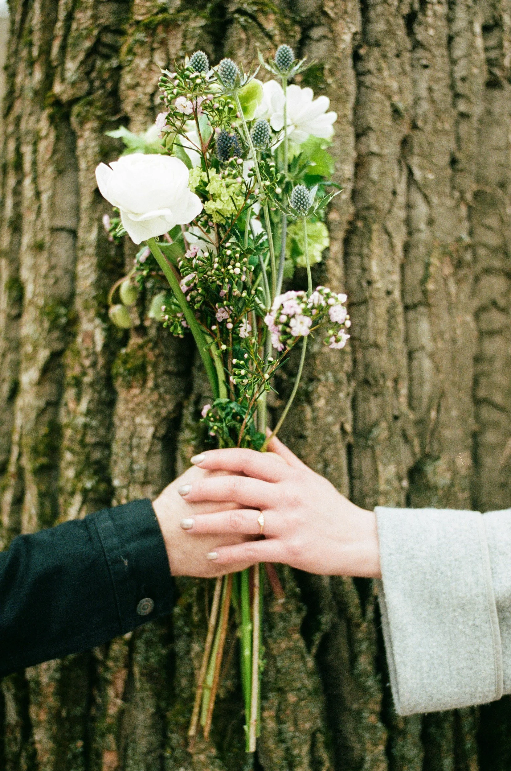 Two people holding a bouquet of flowers against a tree trunk.