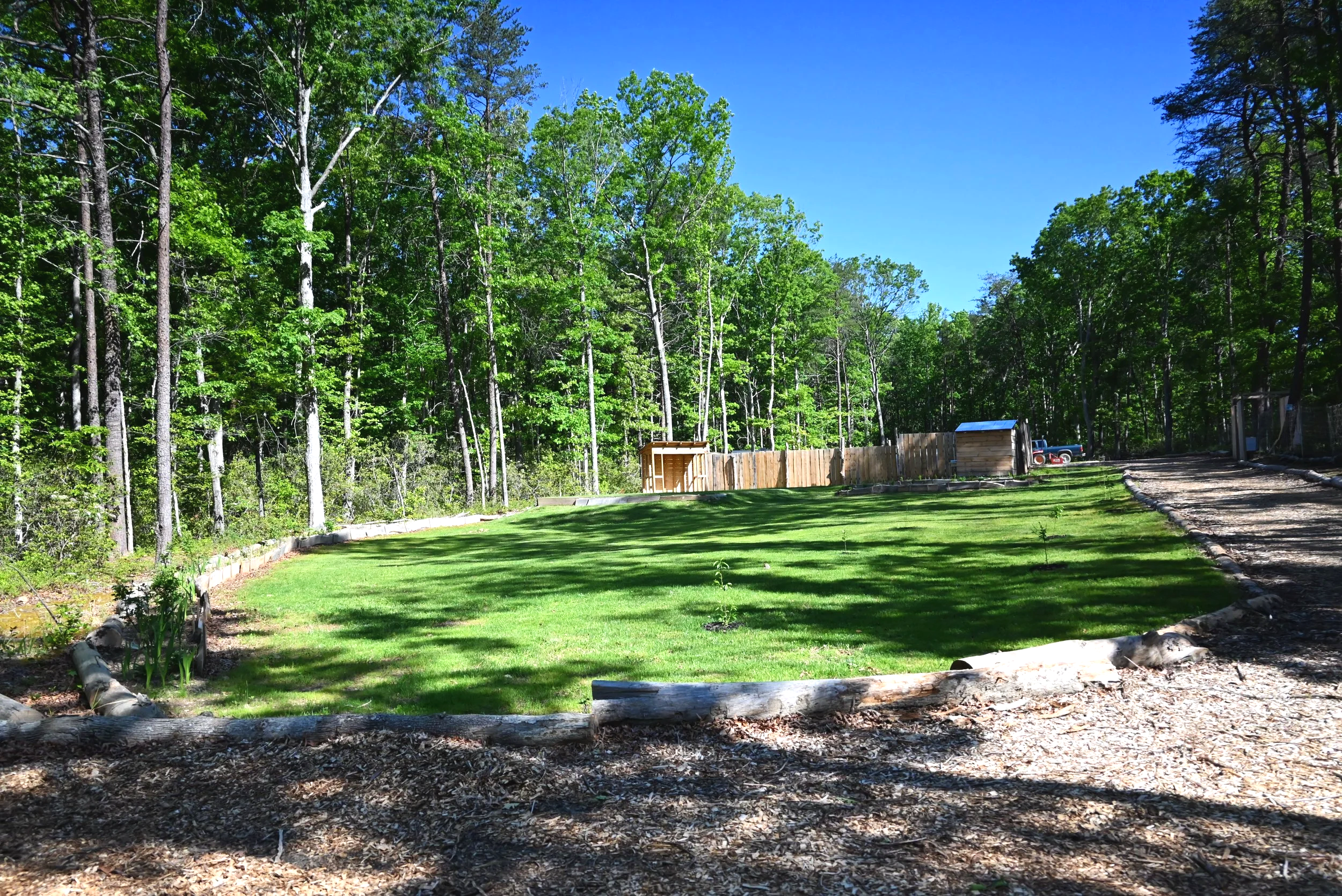 A yard with a lush green lawn, bordered by trees and a wooden fence. There are structures, a small shed, and a tractor visible in the background under a bright blue sky.