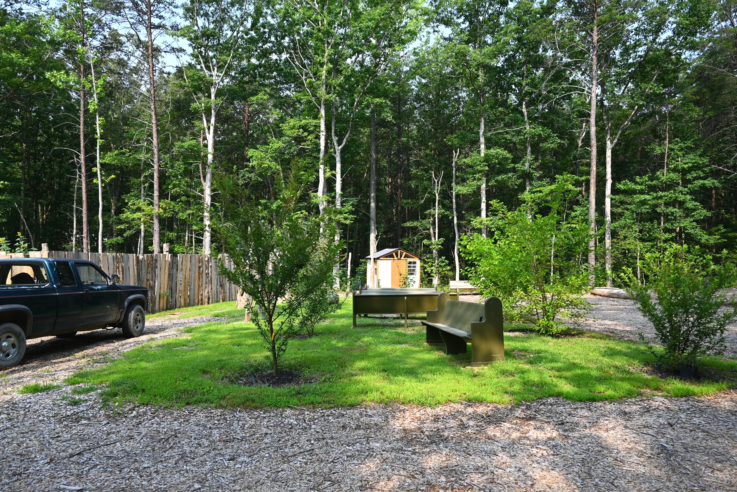 A backyard with a small wooden shed, a wooden fence, green trees, a parked black truck, benches, and a gravel surface.