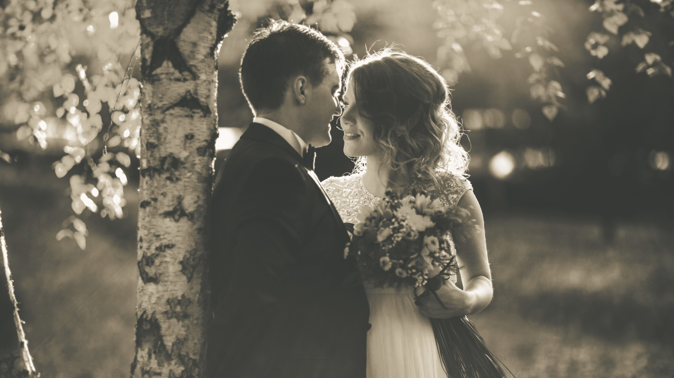 Bride and groom embracing outdoors by a birch tree, sepia tone photograph.
