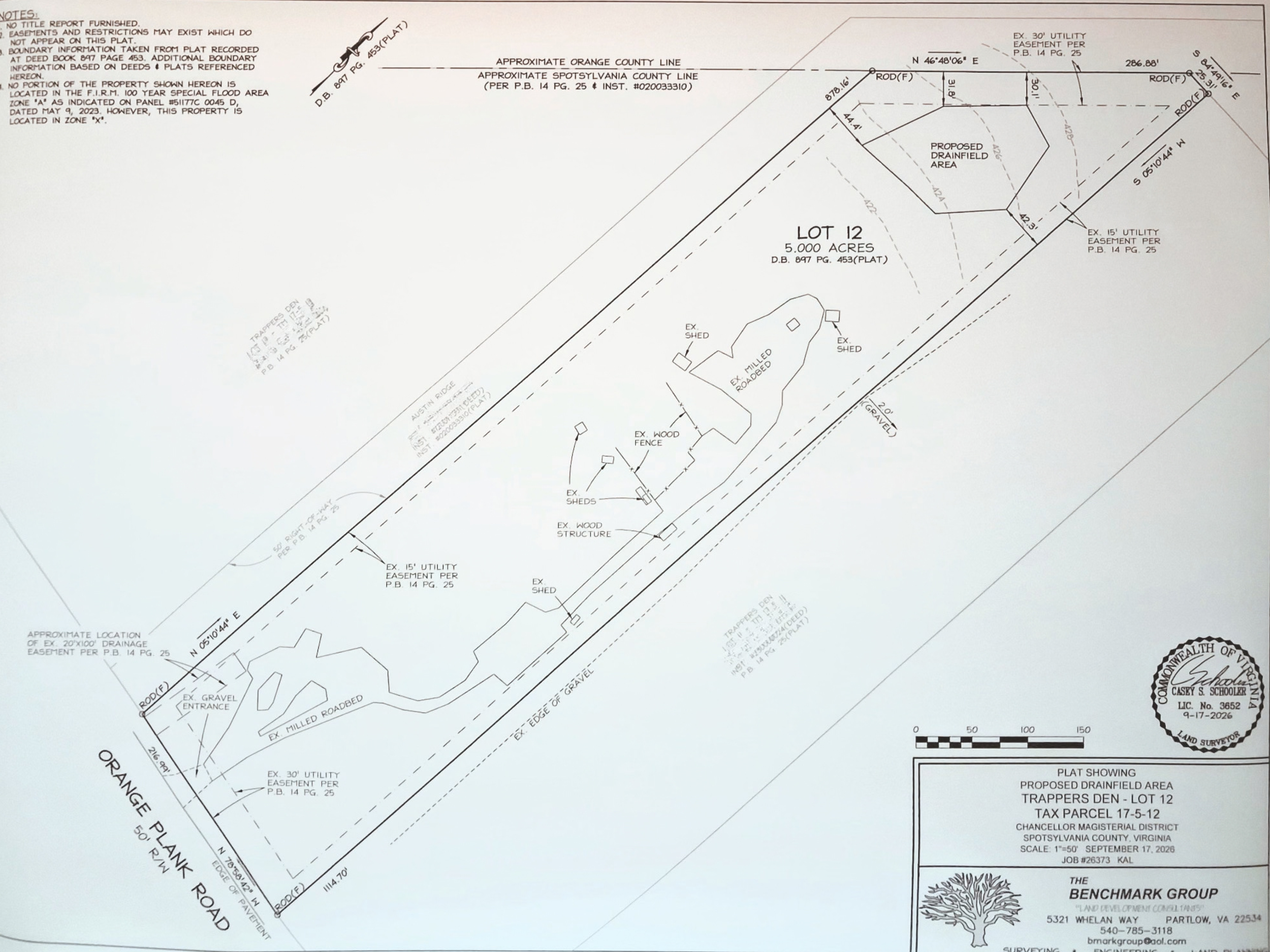 A detailed land survey map showing property boundaries, proposed drainage area, utility easements, and existing structures for Lot 12, a 5-acre parcel in Virginia. Includes lines, measurements, and notes on property features and location.