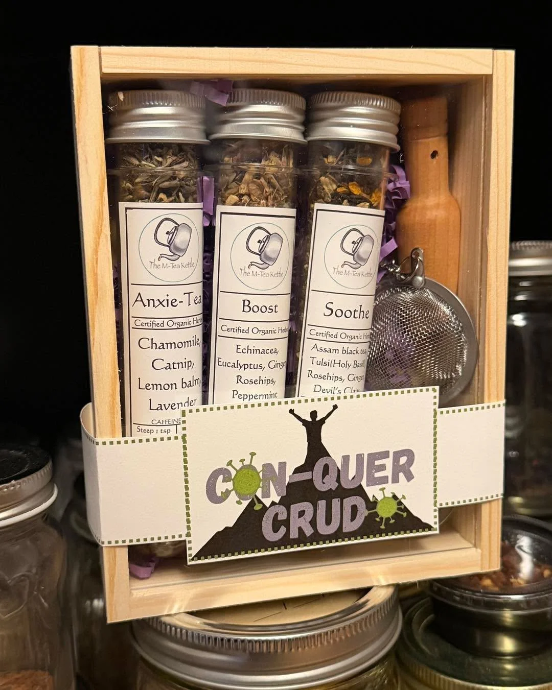 Straight from our apothecary we&rsquo;re bringing our &ldquo;CON-Quer Crud&rdquo; sets! 

This includes 3 of our artisan blended teas which have been blended for a purpose! 

Anxie-Tea- good for general calming, stress relief and I&rsquo;ve even used