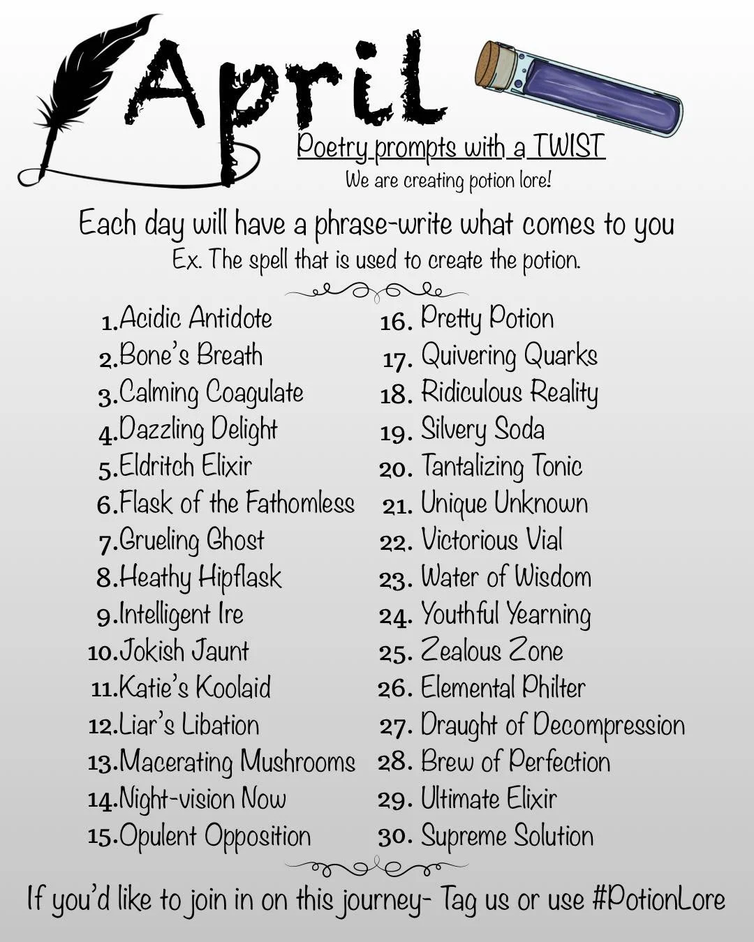 We&rsquo;re excited because it&rsquo;s almost April!! 

We will be posting OUR creations over on our Patreon which you can find in our LinkTree! 

#PotionLore  #mteakettle #nationalpoetrymonth #poetryprompts #fantasywriter