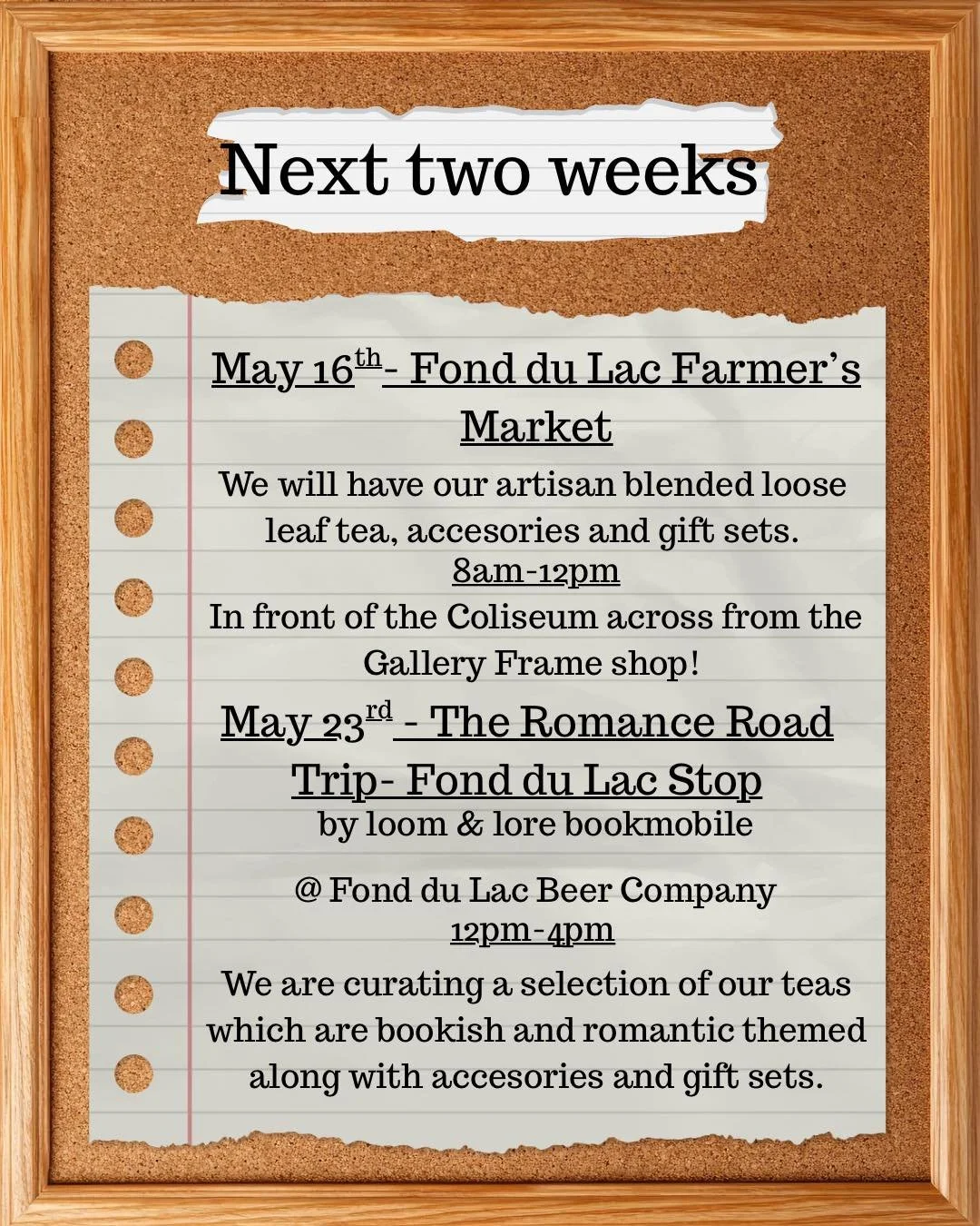 🫖 Tomorrow May 16th we will be at Downtown Fond du Lac Farmers Market in front of the Coliseum! Look for my elf ears and a fun hat! 

📕 💜Next Saturday we are doing something new! We are taking part in the Romance Road trip by loom &amp; lore bookm