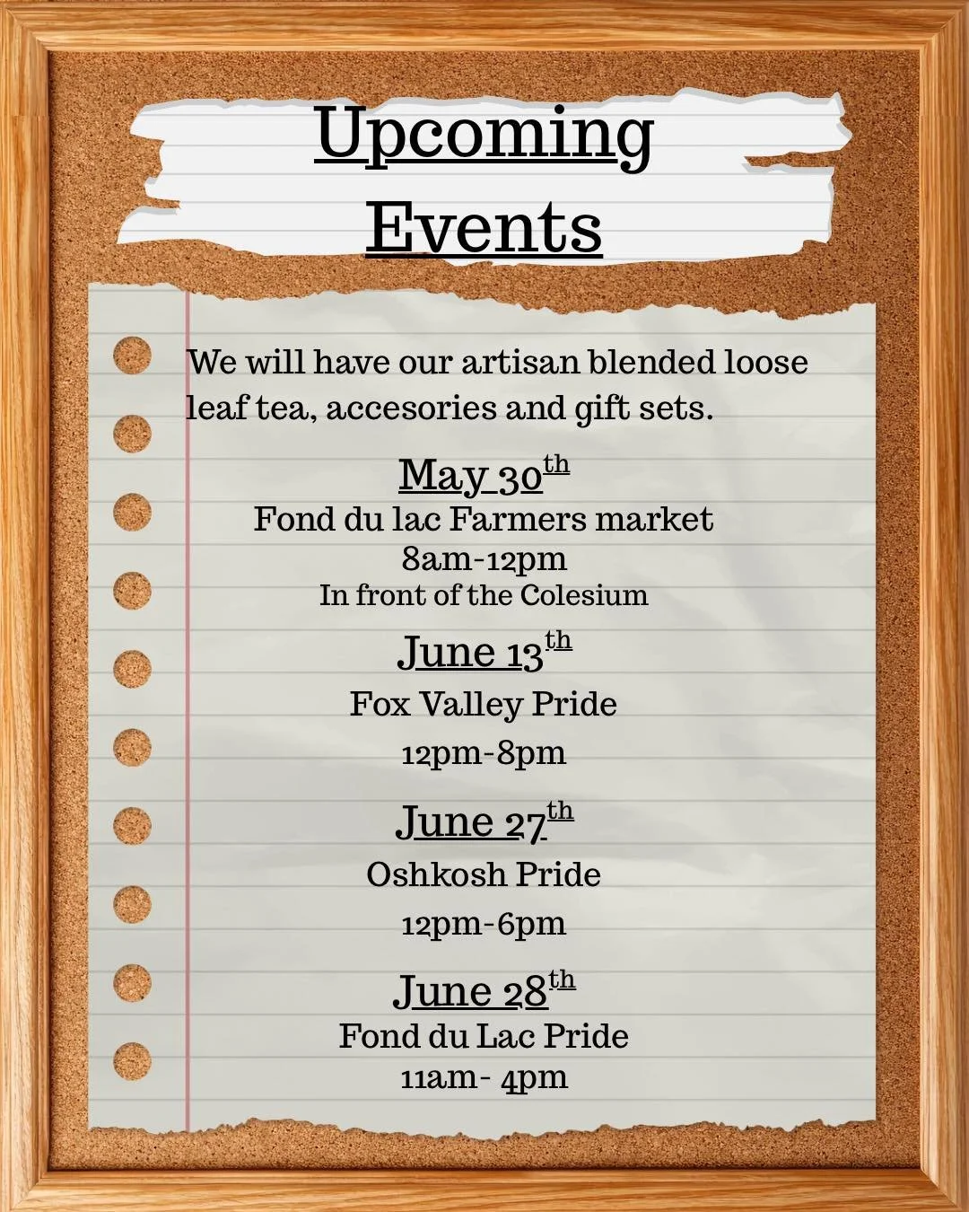 Here&rsquo;s what we&rsquo;re up to the next few weeks! 

Can you believe it&rsquo;s almost June? 

#mteakettle #looseleafteashop #looseleafteablends #teatime #pridemonth #Pride #farmersmarket