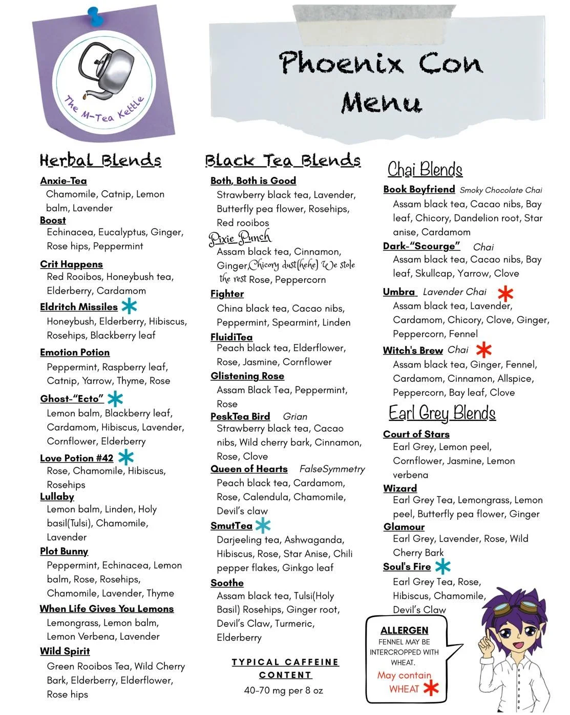 🫖 Here is the menu I promised!! If you&rsquo;re attending Phoenix Con next weekend, these are the blends we will have with us! 

🐦&zwj;🔥 If you are looking for something not on this menu, you can order online and if you order between now and befor