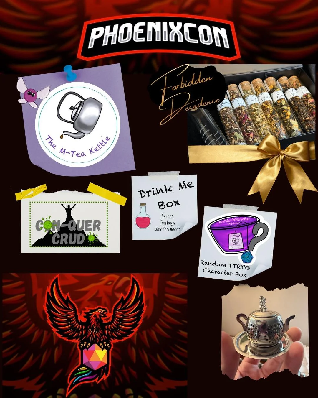 Here are some fun things we are bringing to Phoenix Con in Appleton this weekend!! 

Also included the hours! Vendor Hall opens Friday this week!! Are you excited to get your tea fix?!? 

#mteakettle #phoenixcon #appletonwi #gaming #gamingconvention 
